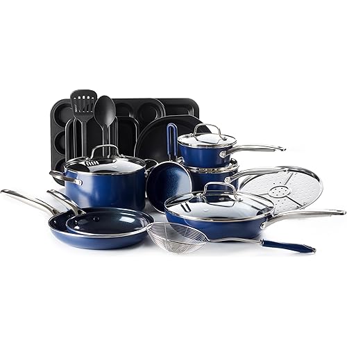 Blue Diamond 20 Piece Nonstick Cookware Set, Diamond Ceramic Pots & Pans, Dishwasher & Metal Utensil Safe, Non Toxic PFAS-Free, Kitchen Cooking Sauce & Saute Pans, Oven & Broiler to 600F, Blue