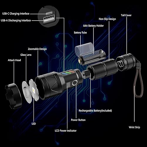 Miniatura 9 de Linternas recargables de alto lúmenes, 10000 lúmenes LED súper brillante linterna USB C, alta potencia, multifuncional, resistente, luces de flash