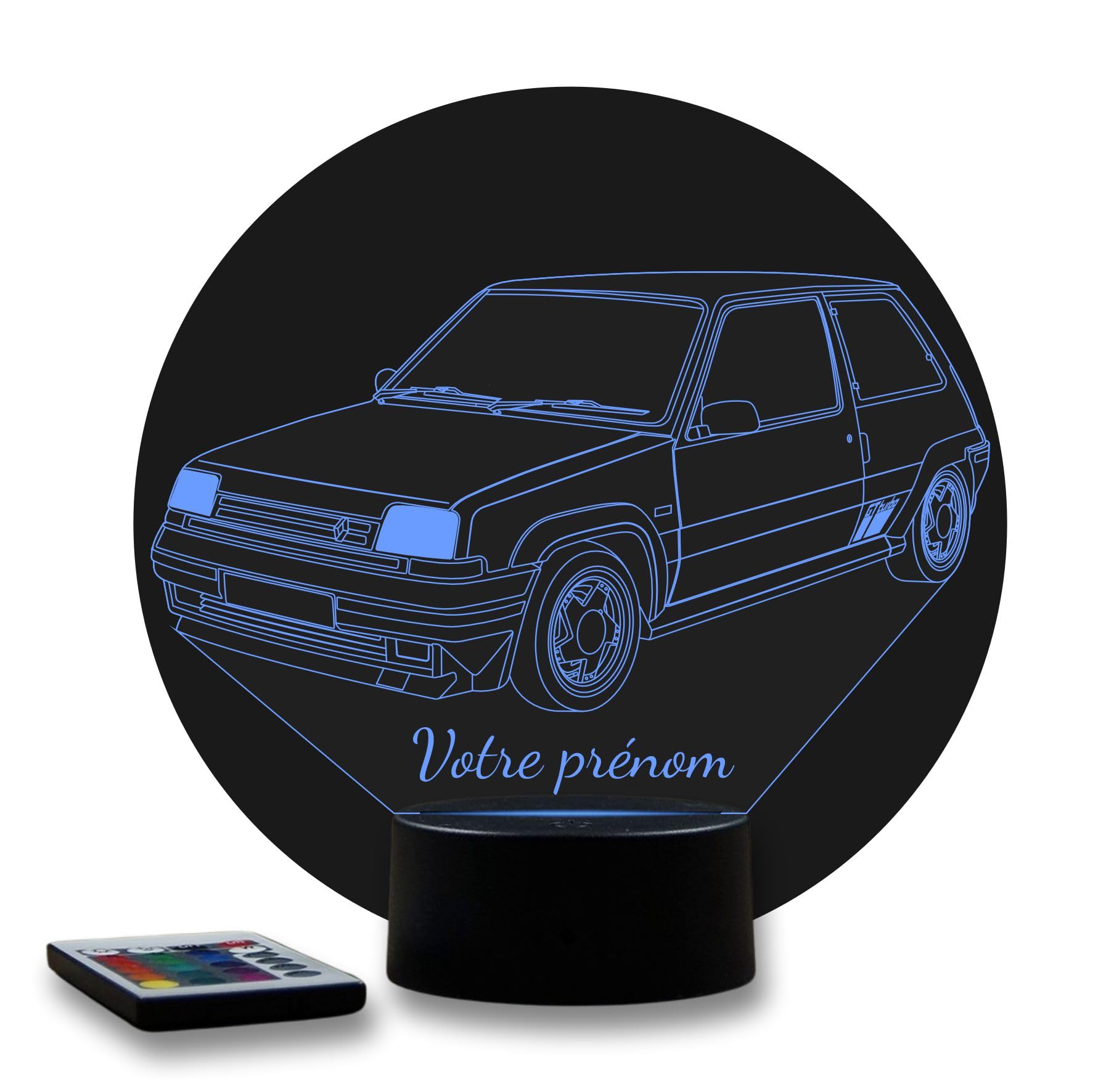 Lampe LED 3D Renault Super 5 GT Turbo Personnalisée Prénom – Veilleuse 16 Couleurs + Télécommande – Cadeau Passion Voiture Ancienne & Youngtimer – Fabrication Française Artisanale