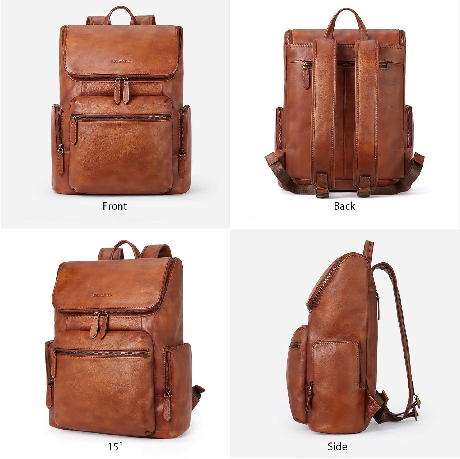 BOSTANTEN Leather Backpack for Men 15.6 inch Laptop Backpack Vintage Travel Office Bag Large Capacity Shoulder Bag Redbrown - Image 5