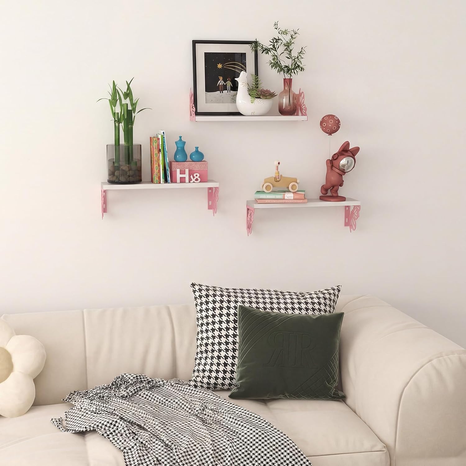 Hoikwo 3 Pack Butterfly Wall Shelves, White Pink Floating Book Shelves, for Mother, Mom, Women, Girls, for Preppy Room Decor, Living Room, Bedroom Decor Aesthetic