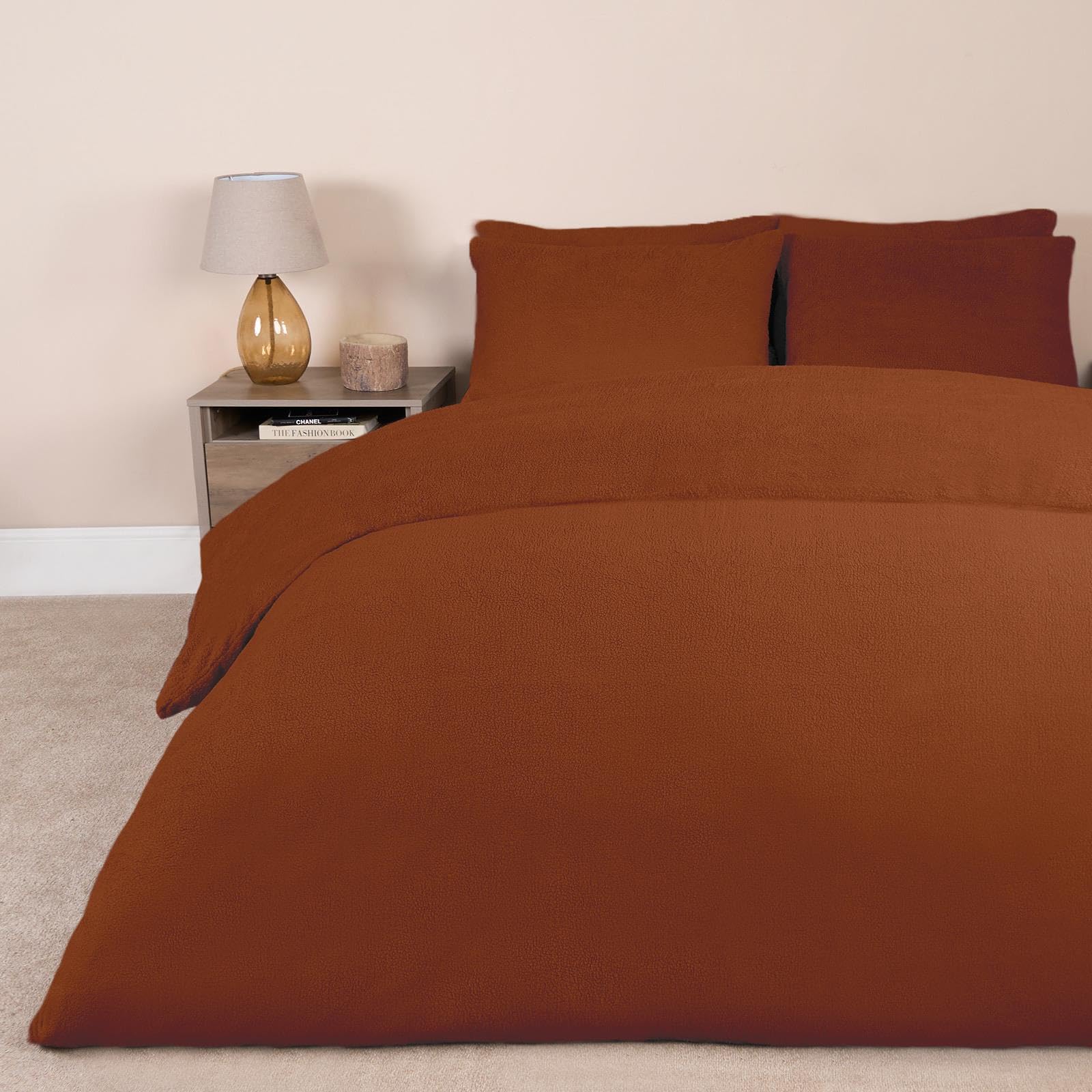 Brentfords Rust Teddy Fleece Duvet Set, Super Soft Warm Thermal Superking Duvet Set Luxury Plain Dye Fluffy Fleece Cosy Superking Teddy Bear Bedding With Pillowcases,