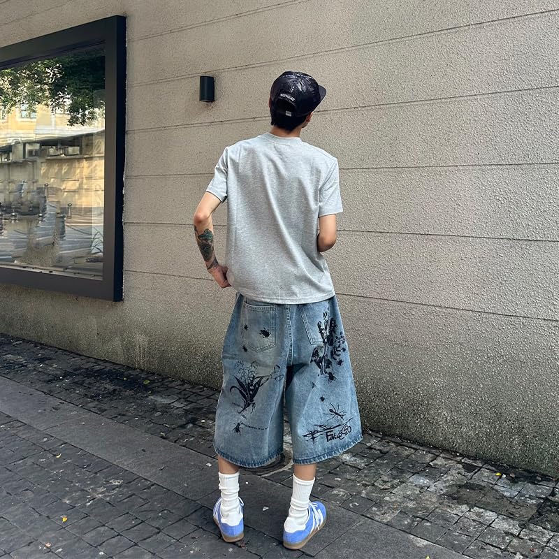 BXCNCKD Men's Street Graffiti Printed Jeans, Loose Retro Cropped Pants, Casual Straight Leg Pants3