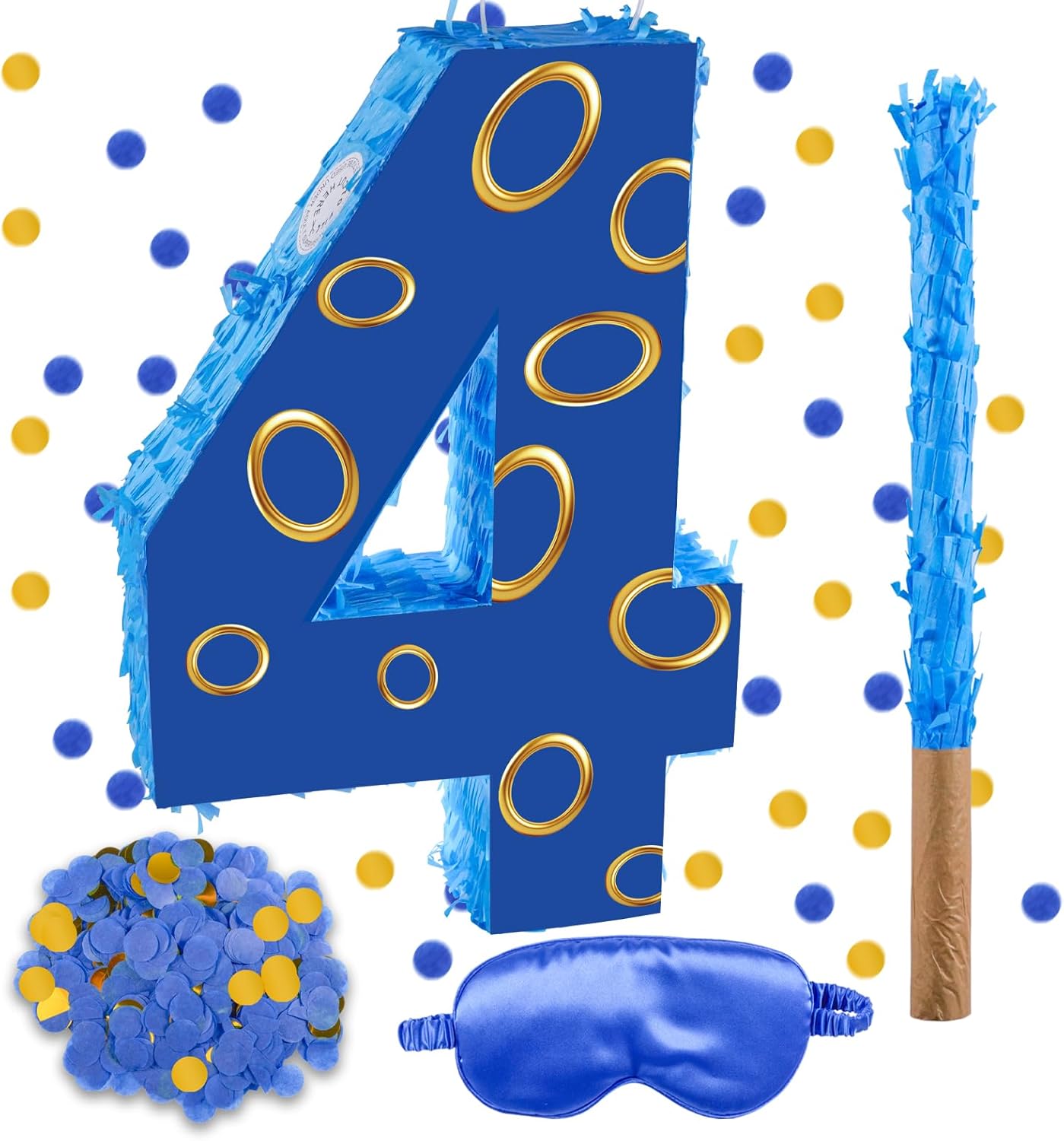 16 Inch Number 4 Double Sided Printing Blue Gold Ring Pinata with 16 Inch Piñata Stick Blindfold Confetti for Boy Girl Kids 4th Birthday Party Decorations (4th)