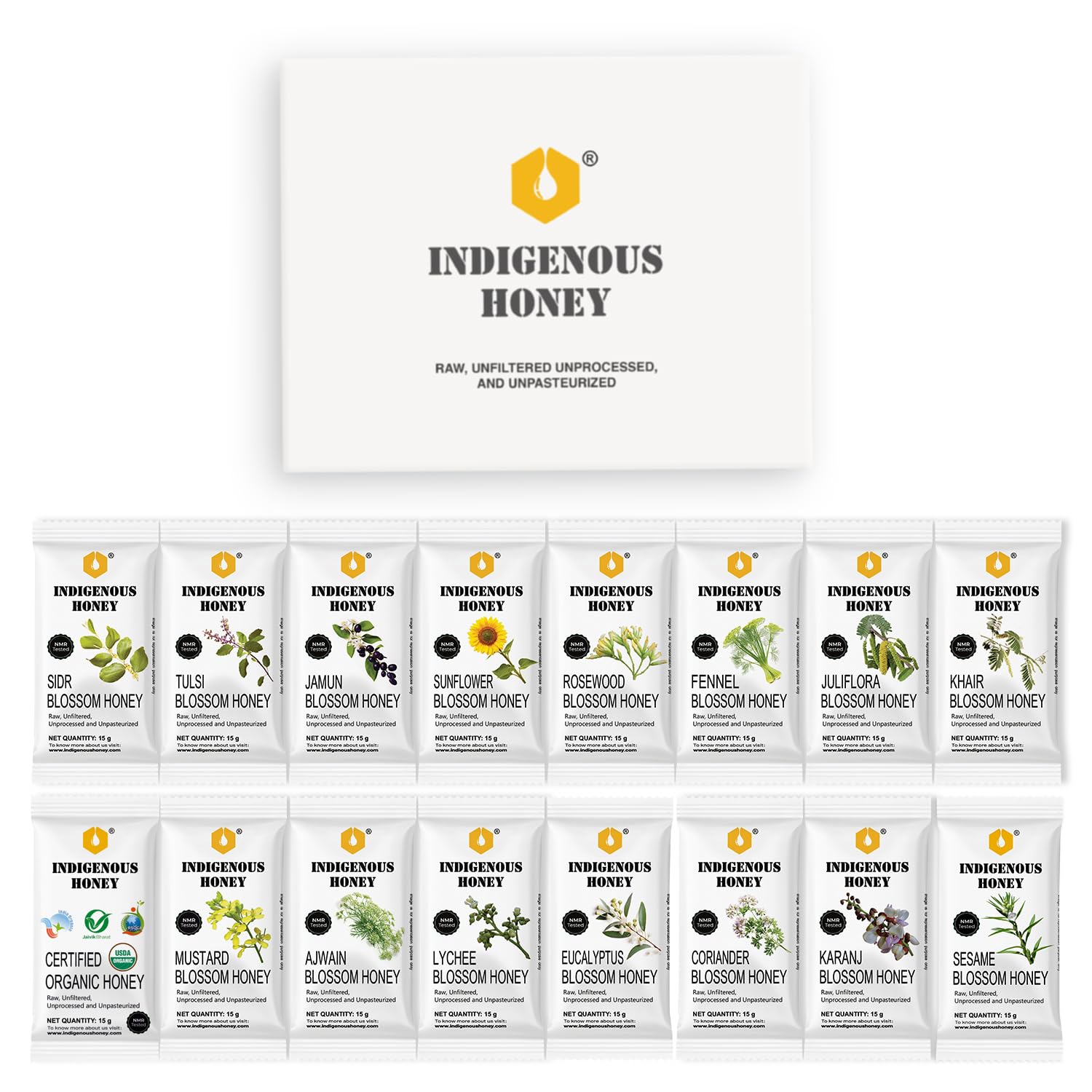 INDIGENOUS HONEY 16 Gift Sachets Small Pouch Raw Natural Honey - Organic Wild, Pure Tulsi, Unprocessed Ajwain, Mustard, Lychee, Coriander, Fennel, Sesame, Juliflora and more - 15g Each, Total 240g