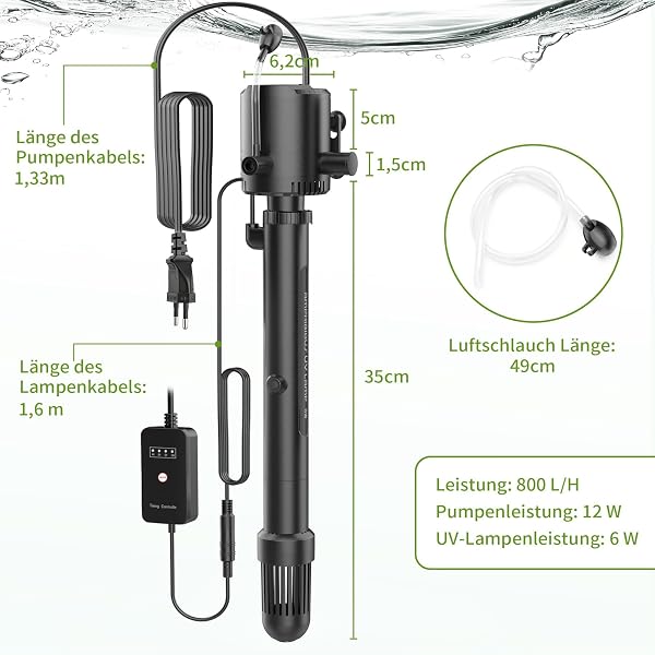 OMECO Filtre intérieur d'aquarium 5 en 1 800 l/h - Filtre UVC - Pour aquariums de 60 à 300 l - Avec stérilisateur U-V de 6 W et minuterie - Pompe d'aquarium avec ventilation et douche à effet pluie - 3