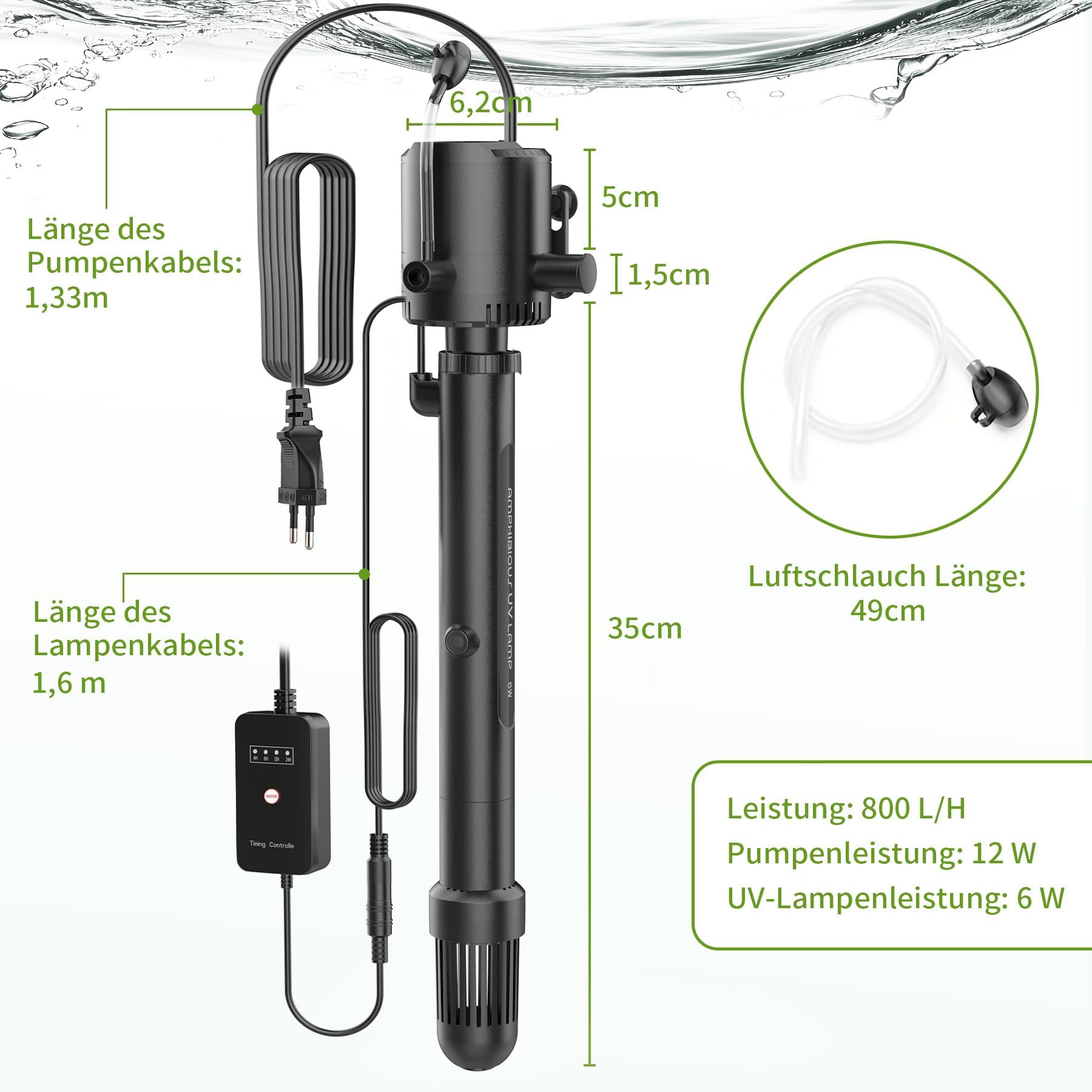 OMECO 5-in-1 Aquarium Innenfilter 800L/H UVC Klärer Aquarium filter für 60L-300L Aquarien mit 6W U-V-Sterilisator und timer,aquarium pumpe mit Belüftung und Regendusche