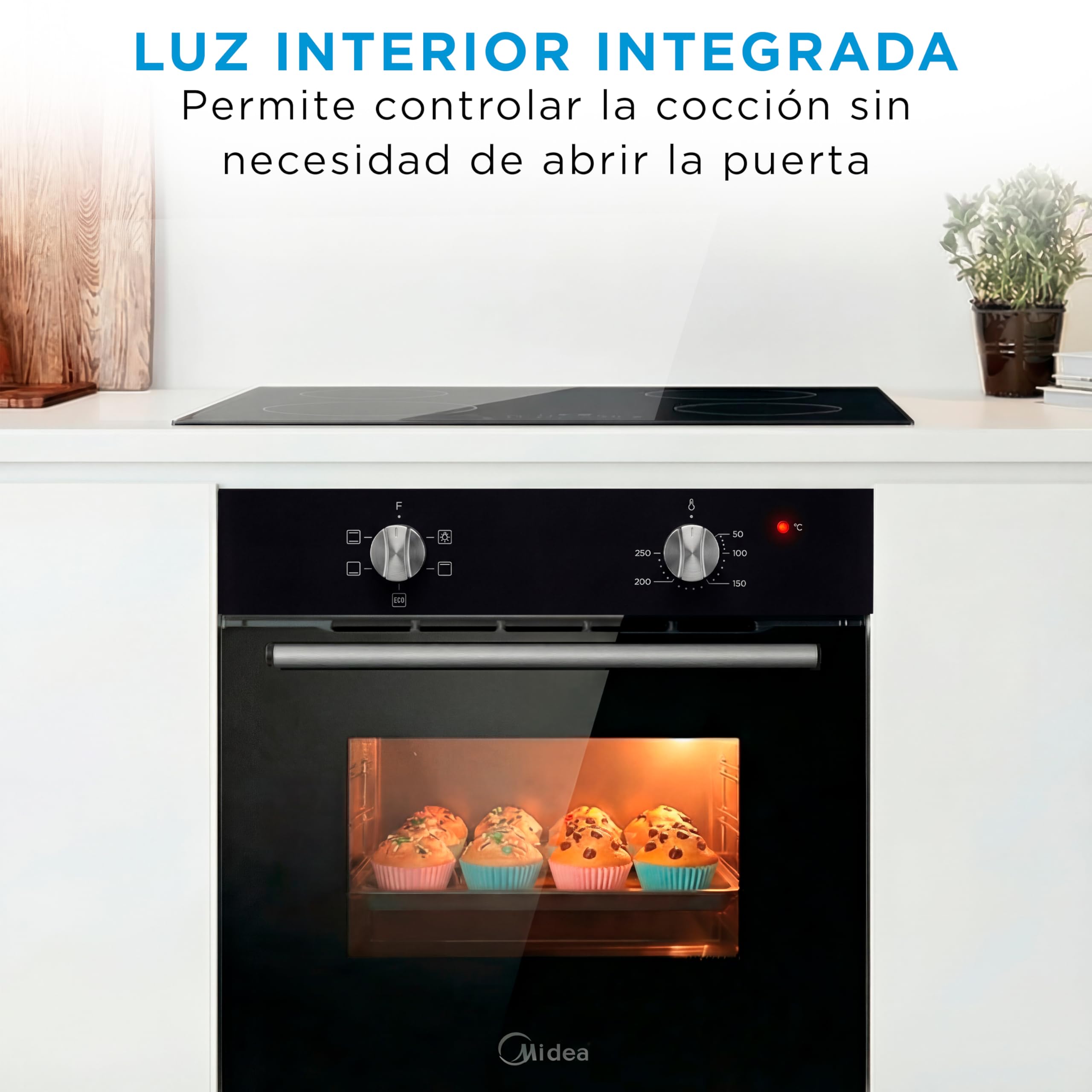 Midea Horno Electrico Empotrable Convencional de 70L y 2100W - Horno Integrable Negro con 4 funciones, Modo ECO - Hornos con Luz Led de Bajo Consumo, Puerta Doble Cristal, Bandeja Universal, y Rejilla