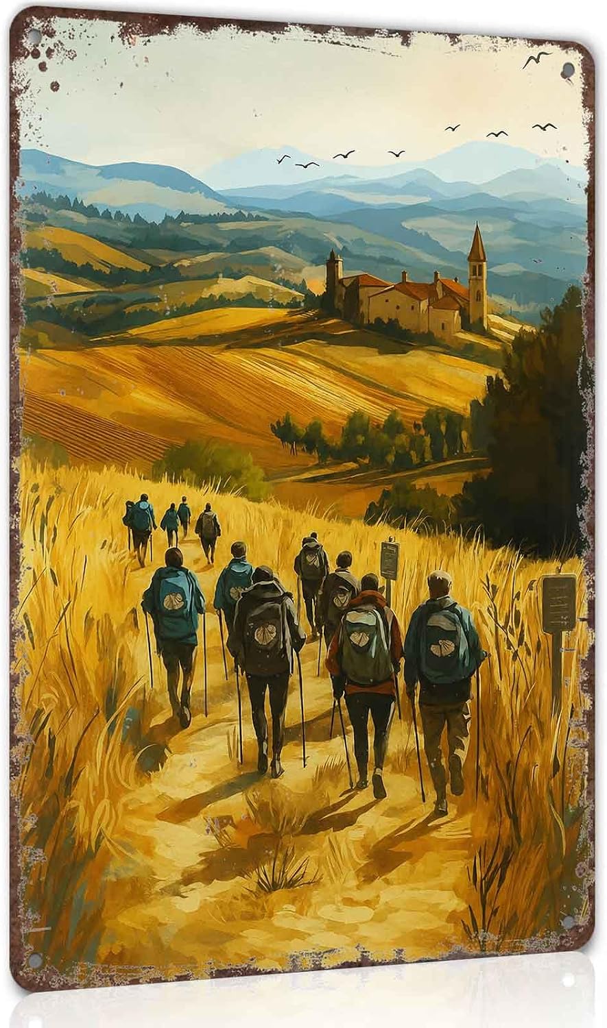 Vintage Hikers in Rural Countryside Metal Sign 8 x 12 Inch