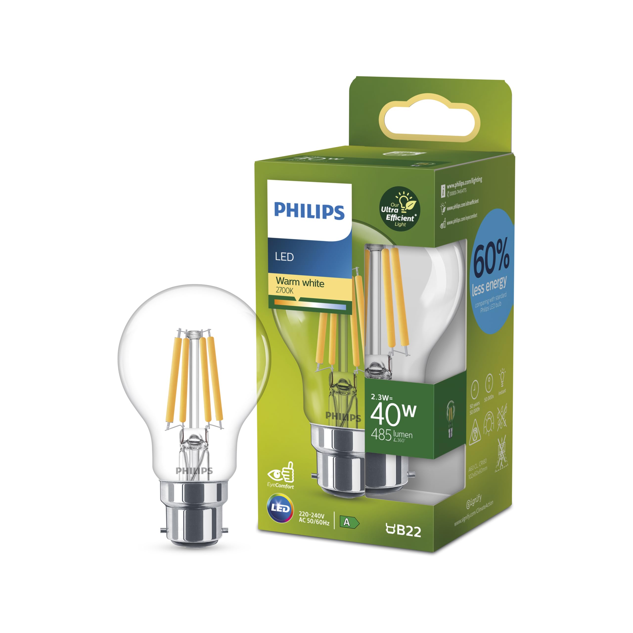 Philips Ultra Efficient - Ultra energy saving lights, LED light source, 40W, A60, B22 Warm White 2700 kelvin clear