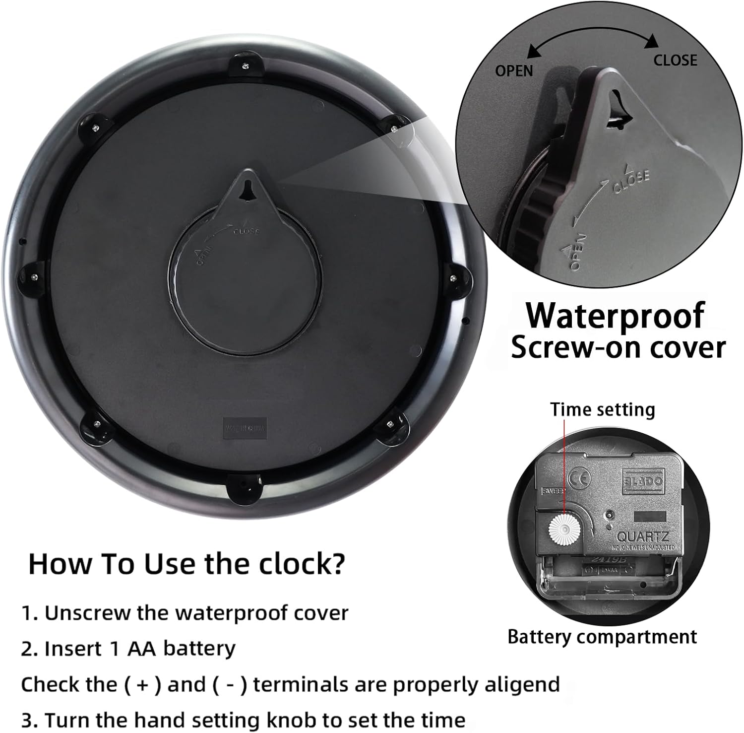 Caysie 12 Inch Sealed Indoor Outdoor Clock Waterproof, Silent Battery Operated Weatherproof Wall Clocks for Pool Patio Outside Home (Black)