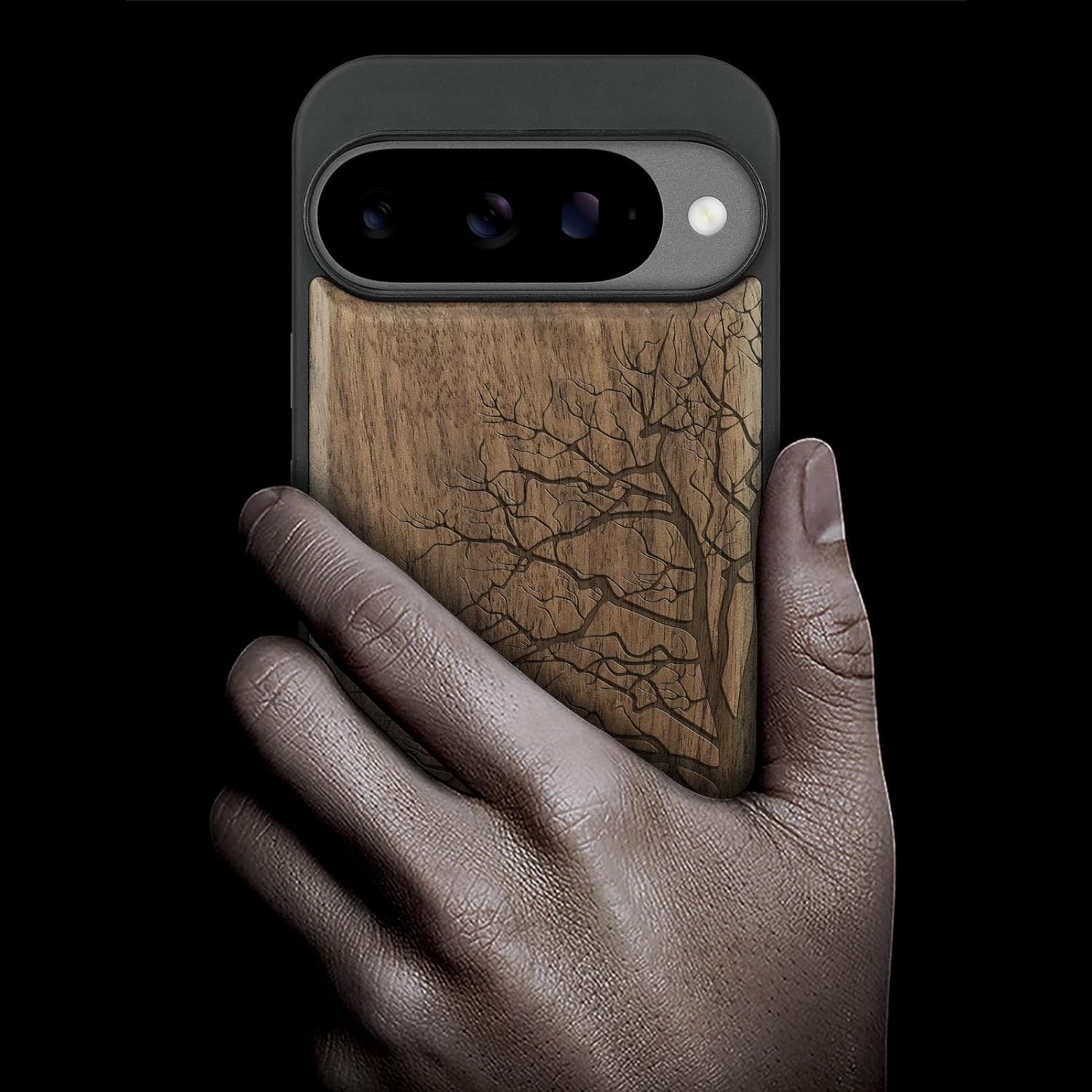 Carveit Magnetic Wooden Case for Google Pixel 10 Case, Wood Artisan Engraved & Soft TPU Shockproof Cover, Compatible with MagSafe Wireless Chargers (The Bare Tree) Walnut