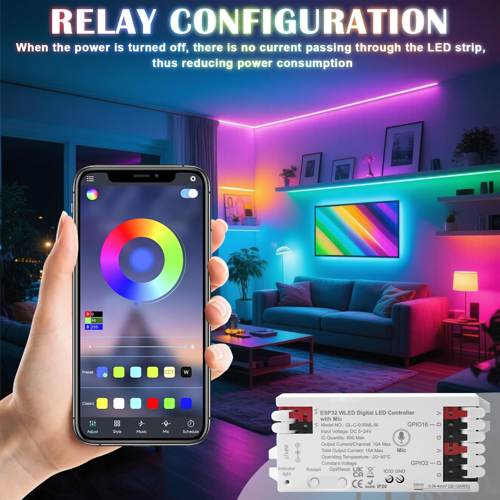 ESP32 WLED, controller digitale indirizzabile, controller WLED con microfono per NeoPixel (WS2812B, WS2811, SK6812), DC5-24V, perfetto per RGB e RGBW Digital Lights
