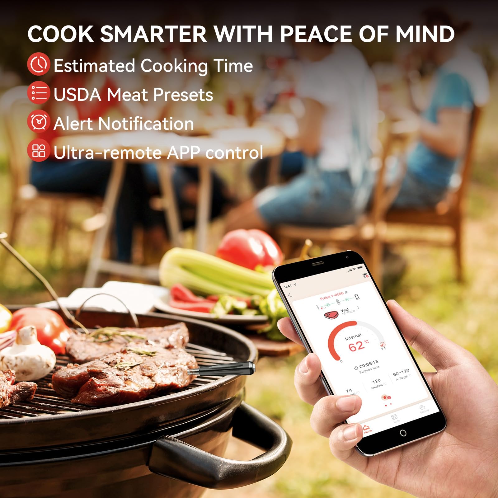 Thermomètre à viande sans fil, thermomètre à viande Bluetooth ultra gamme avec double capteur haute sensibilité, thermomètre alimentaire sans fil avec application intelligente thermomètre de cuisson