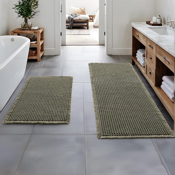 MIULEE Set of 2 Waffle Bathroom Rugs, Boho Bath Rugs Non Slip Washable, Super Absorbent Bath Mats, Ultra Soft Rubber Backed Shower Mats for Bathroom Floor, Tub, Brown, 17"x24"+17"x48"