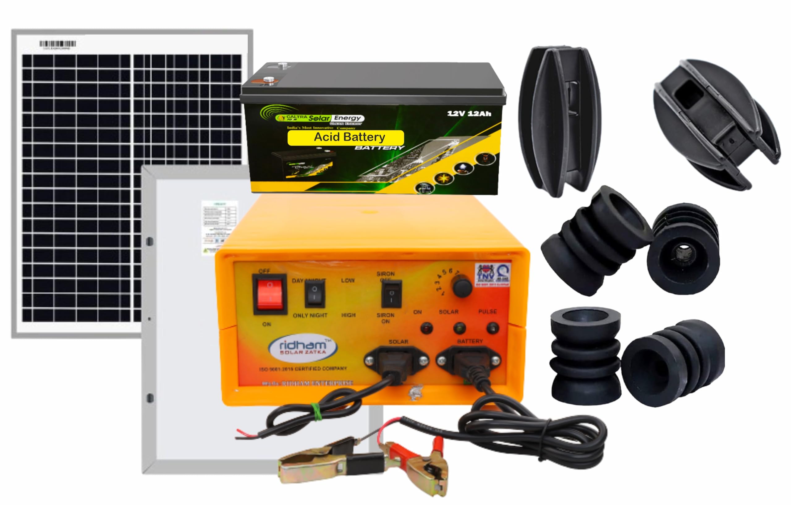 RidhamZatka Solar Zatka Machine Kit (25 Acer-50-70 Bigha) Solar Fence Energizer for Agriculture Farms With Lead–Acid 12V12ah Battery “BIS Certified Solar Panel” “25pcs Corner”100pcs Insulator(Kit)