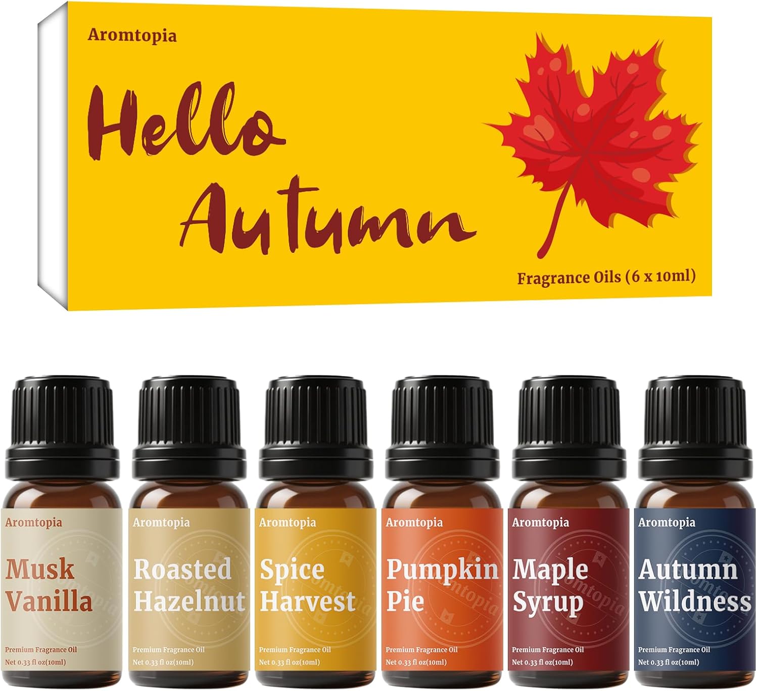 Diffuser Fragrance Oils, Aromtopia Fall Essential Oils for Diffusers for Home, 6x10ml Autumn Set, Candle Soap Making Scents, Dryer Ball, Pumpkin Pie, Musk Vanilla, Spice Harvest, Autumn Wildness