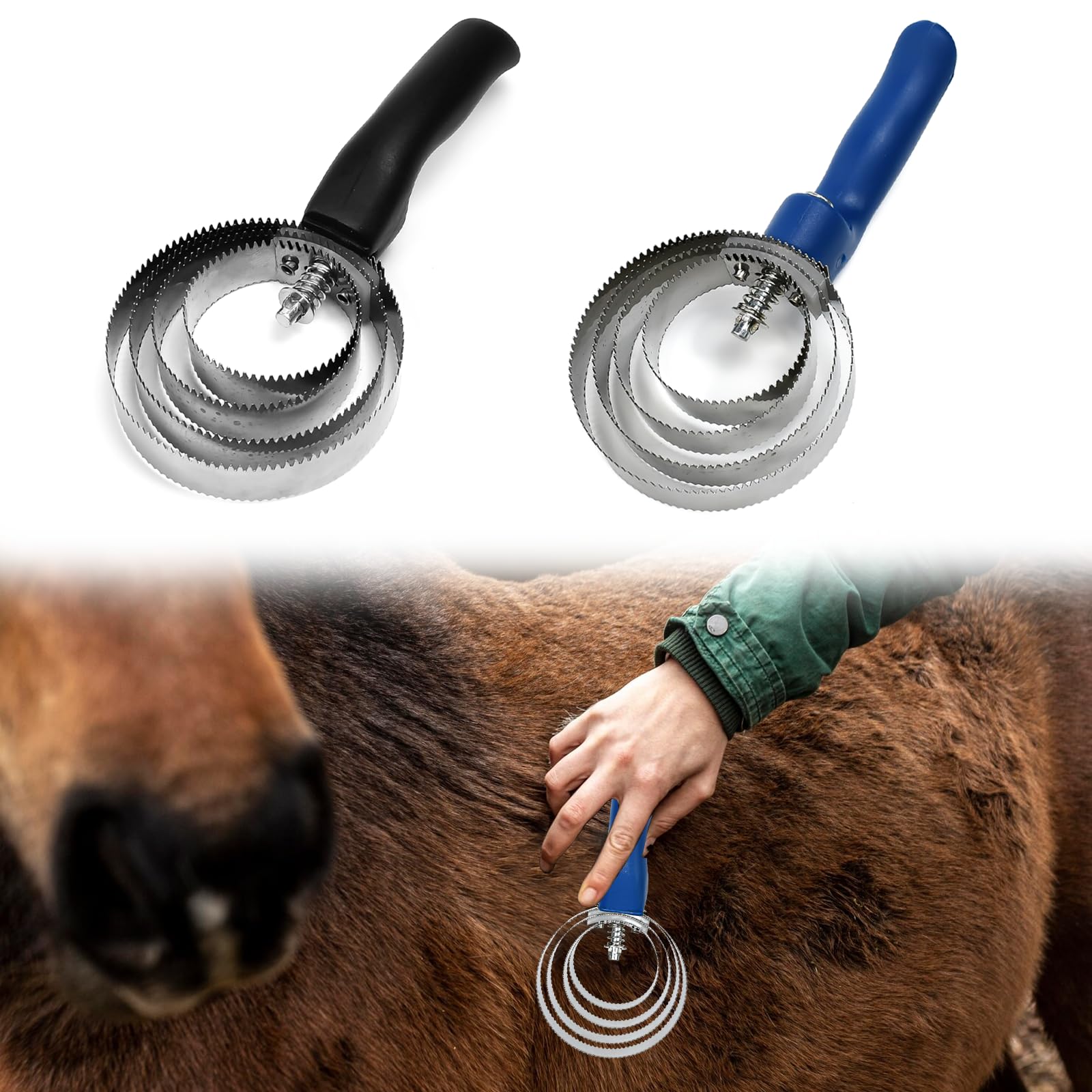 2 Pz Striglia a Spirale,Barretta a Molla per Cavalli 4 Anello,Spazzola per Prurito di Cavallo,Pennello Spargimento Cavalli Metallo