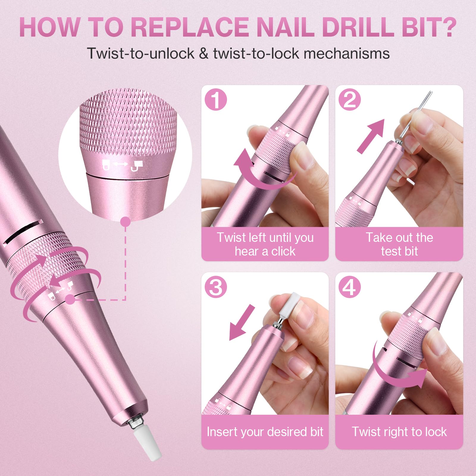 Torno para Uñas,Torno para Uñas Profesional 45000 RPM,12 12 Cabezales de Pulido, Pantalla táctil LCD,Perilla de cristal,Lima portátil para uñas acrílicas y de gel (Rosa claro)