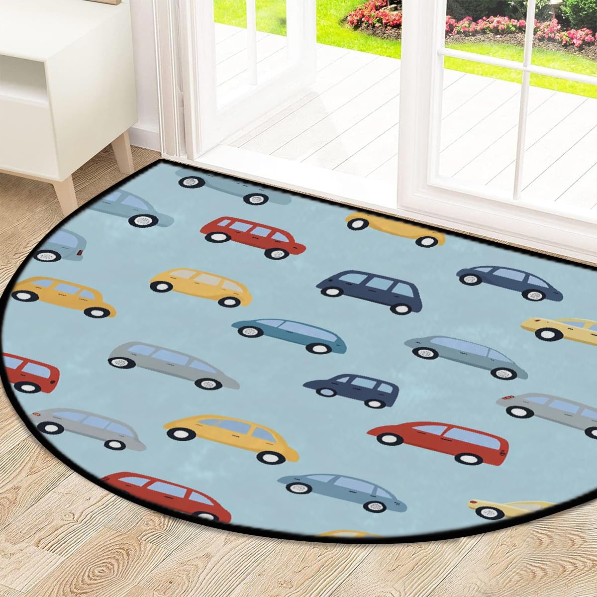 Mexpekil Paillasson demi-rond antidérapant lavable avec motif voitures de dessin animé en demi-lune pour intérieur et extérieur - 100 x 160 cm
