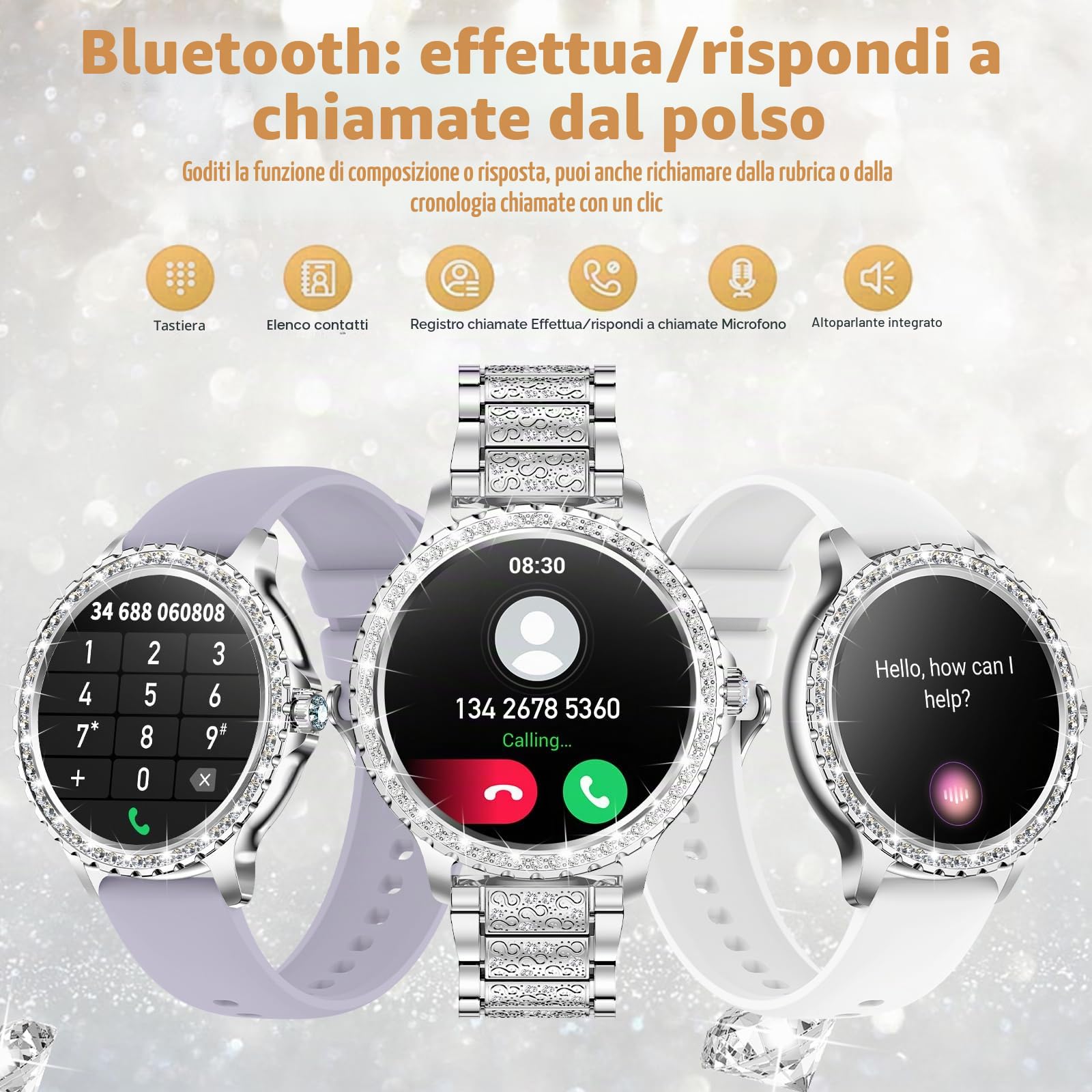 Smartwatch Donna Diamond,1.32''Smartwatch Donna Chiamate e whatsapp,Fisiologia Femminile Cardiofrequenzimetro SpO2/Monitoraggio del Sonno/120 Allenamenti, Orologio Smart Watch per iOS Android