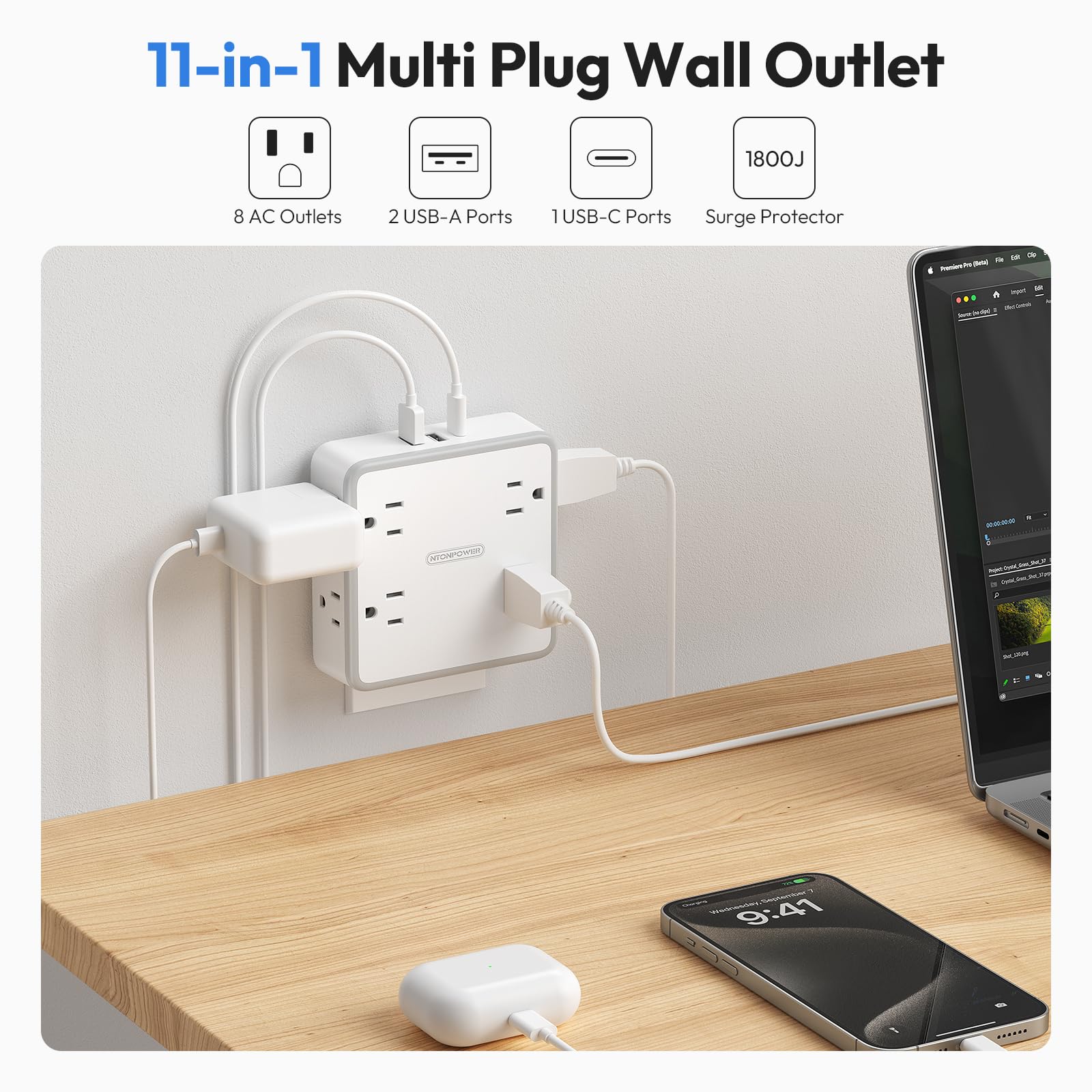 NTONPOWER Multi Plug Wall Outlet with USB Ports(1 USB C), Wall Outlet Extender Surge Protector 1800 Joules, 3 Sided Outlet Splitter Widely Spaced for Home, Dorm Essentials(White)