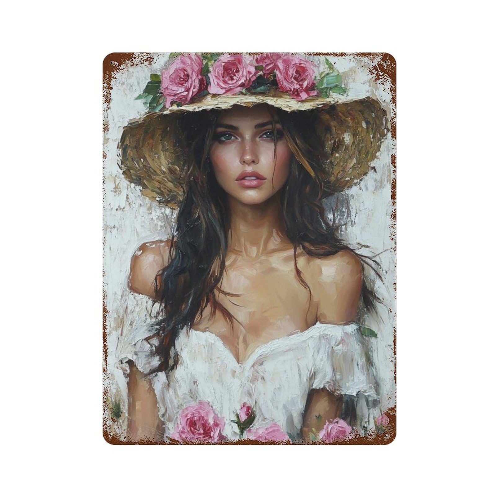 HDURYEYRYY Roses & Straw Hat Portrait 02 Wall Retro Iron Vintage Art Metal Tin Sign Poster Modern Home Cofffee Club Art Bar Shop Decor 40x30cm