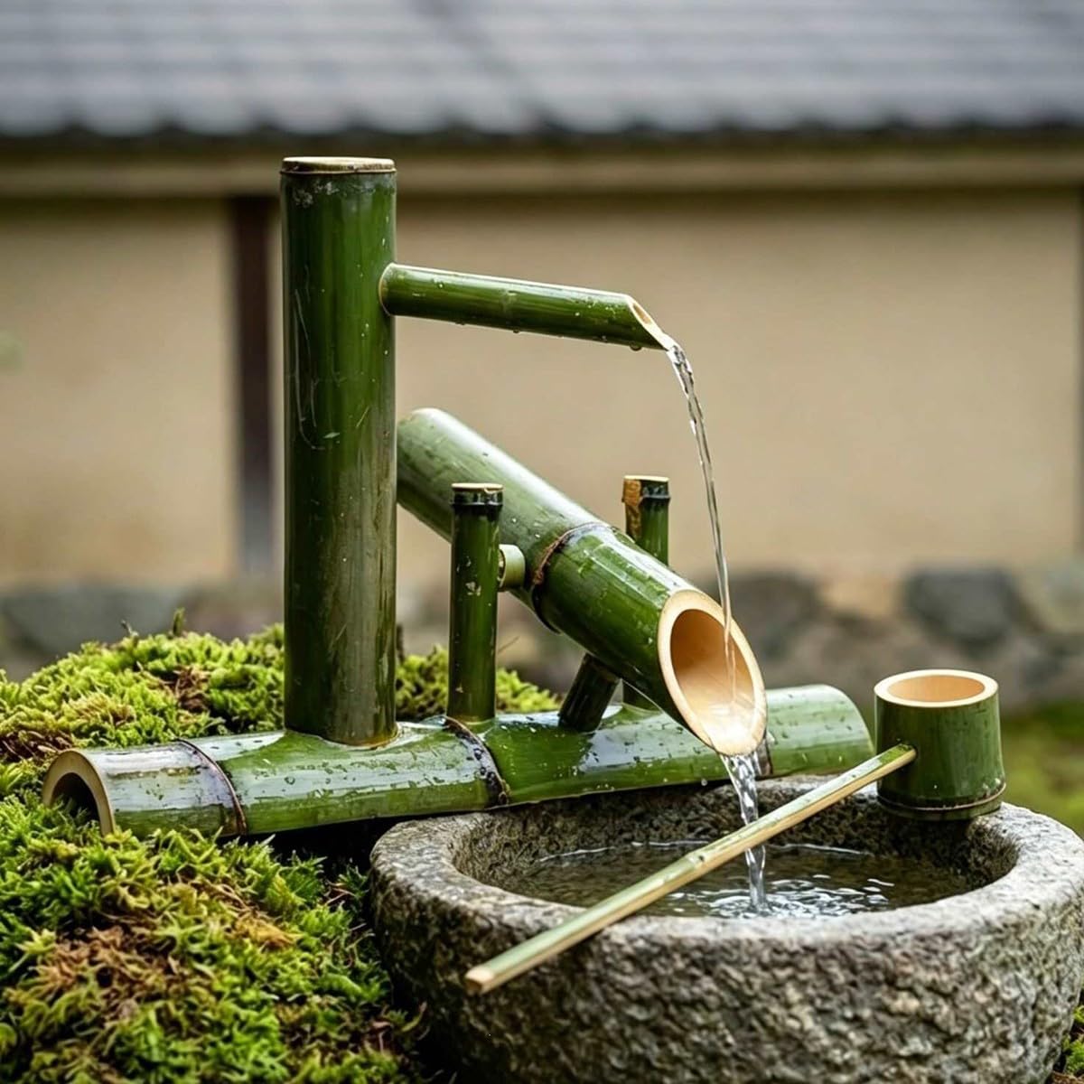 bambù Fontana Solare, Fontana Cascata con Pompa per Laghetto, Patio e Arredamento Giapponese, Arredamento Naturale
