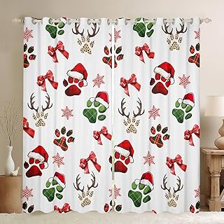 Manfei Christmas Dog Paw Window Drapes Blackout 30%-50%,Retro Red Green Checker Footprint Kitchen Window Treatments 52Wx84L,Xmas Snowflake Red Bowknot Deer Antler Decor Window Curtains