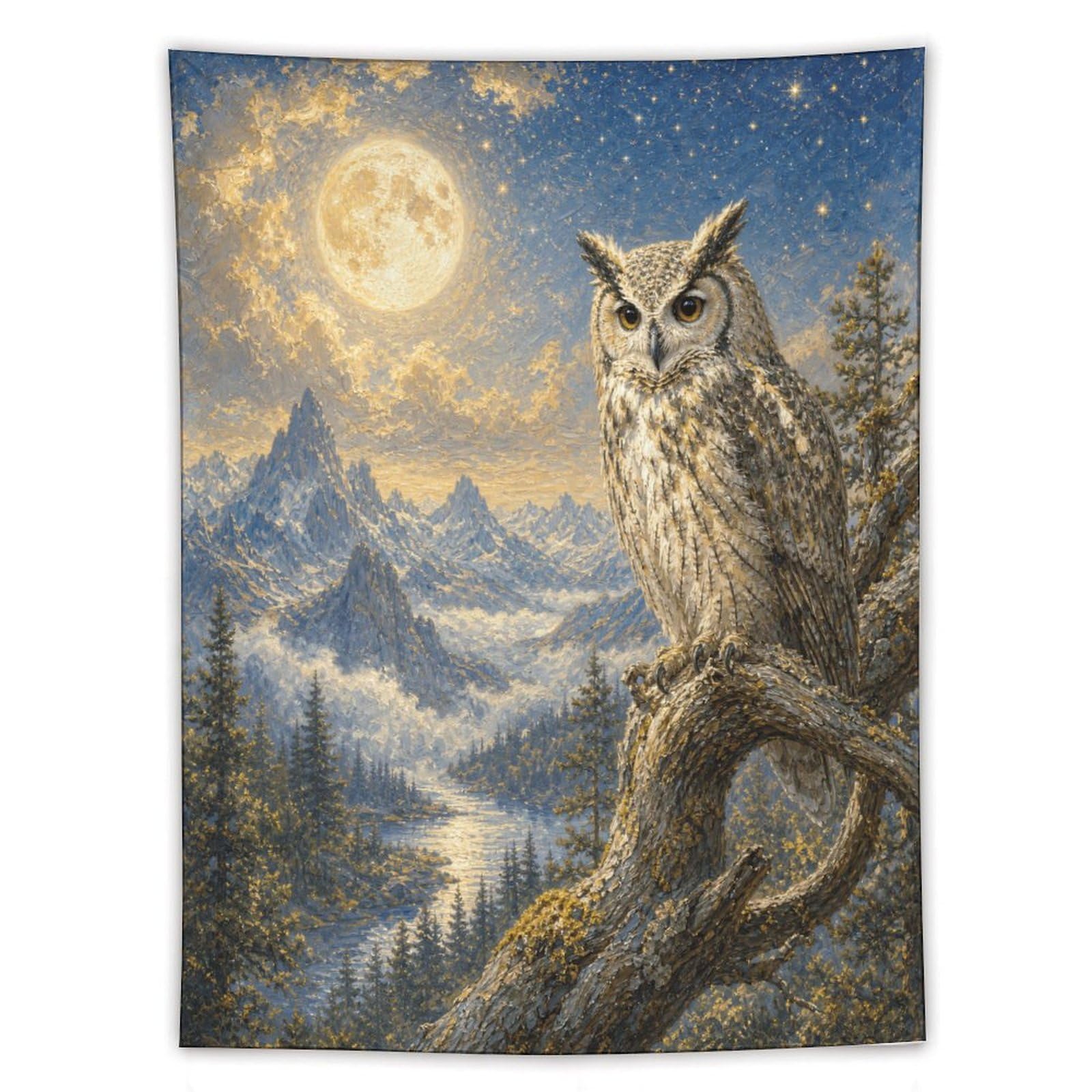 Snowy Owl under Moon Wall Tapestry, Fantasy Illustration, Dorm Room