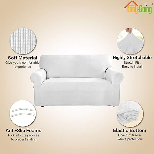 Vista 268 de Easy-Going - Funda elástica para sofá biplaza, 1 pieza, suave, con parte inferior elástica, protector para niños, tela jacquard de elastano y Gris