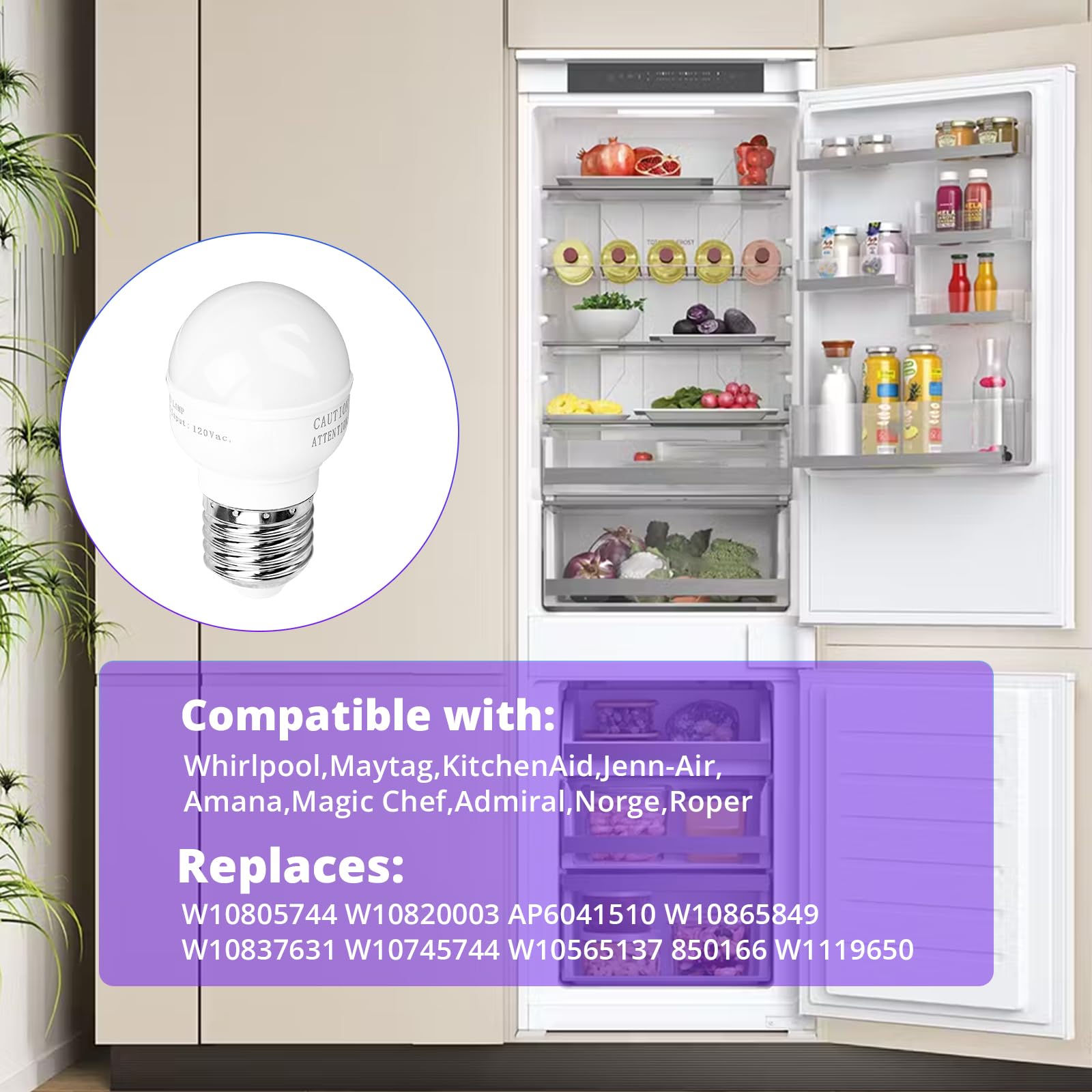 Appliance Light Replacement AWTURBO Refrigerator LED Light Bulbs - 2 Pack  Replacement For Whirlpool, Frigidaire, Maytag Refrigerator Bulbs, image size:1600x1600