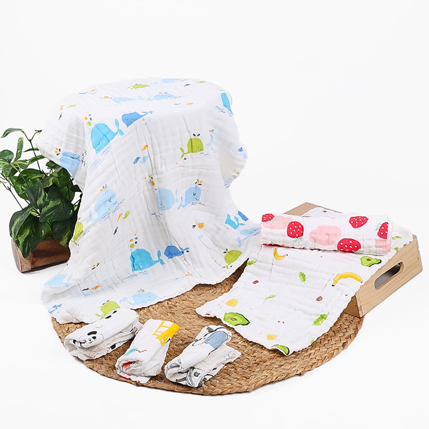 MOM'S HOME Unisex Baby Organic Cotton Super Soft Absorbent 6 Item Gift Set | 0-3 Years | Muslin 6 Layer wash Towel- 60X120 CM -Printed and Pack of 3 Napkin and 2 Burp Cloth-image-14