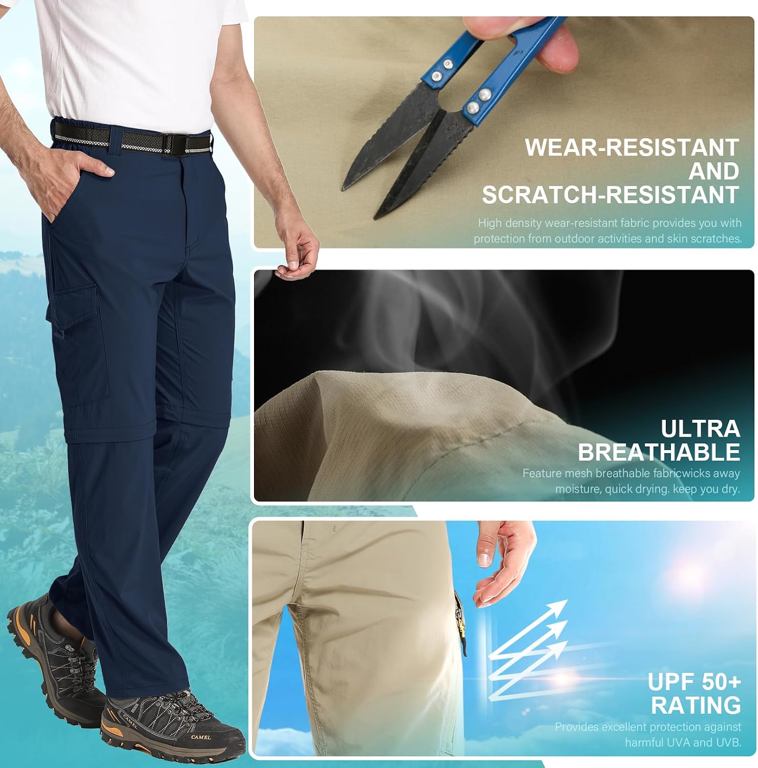 Mens Hiking Pants Convertible Lightweight Quick Dry Zip Off Fishing Safari Camping Travel boy Scout Pants