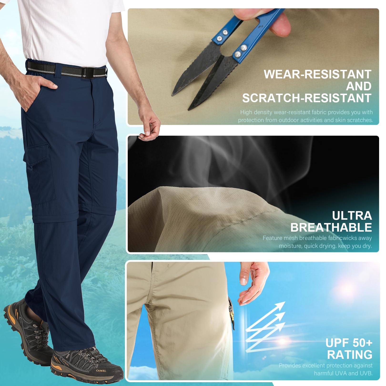 Pantalon de randonnée convertible léger pour homme - Séchage rapide - Fermeture éclair - Pour la pêche, le safari, le camping, les voyages - Pantalon scout