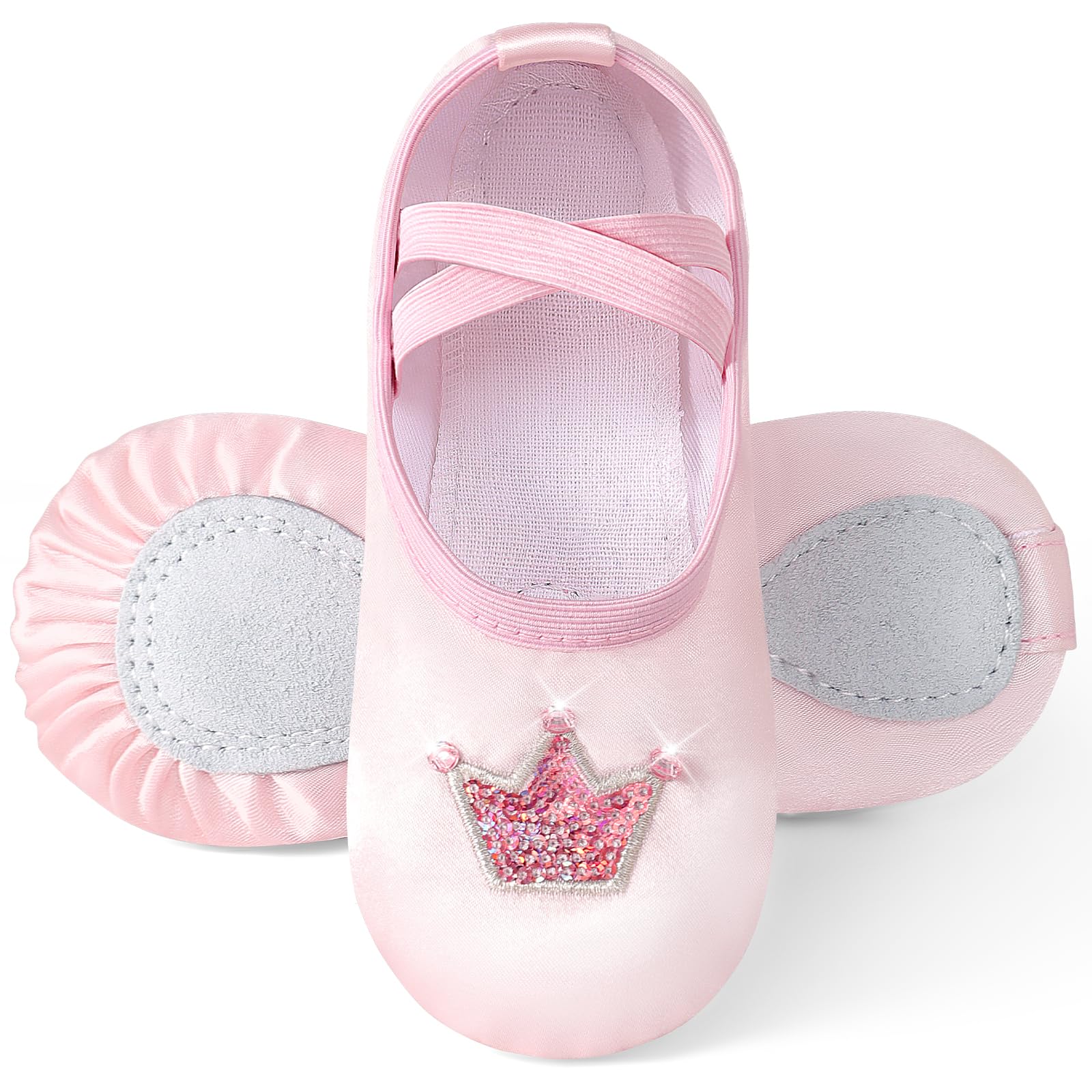 Buty baletowe dla dziewcząt, satynowe klapki baletowe z błyszczącą koroną, dzielona podeszwa, buty do tańca, buty baletowe dla dzieci, bez krawata, baleriny