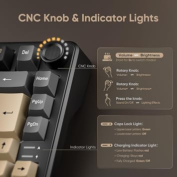RedThunder K75 75% Wireless Mechanical Gaming Keyboard,Creamy Gasket-Mounted,Volume Knob,UK Layout 81 Keys,2.4G/BT/USB-C,RGB Underglow Lighting,Hot swappable Fast Apricot Switch for PC Mac(Black Gold)
