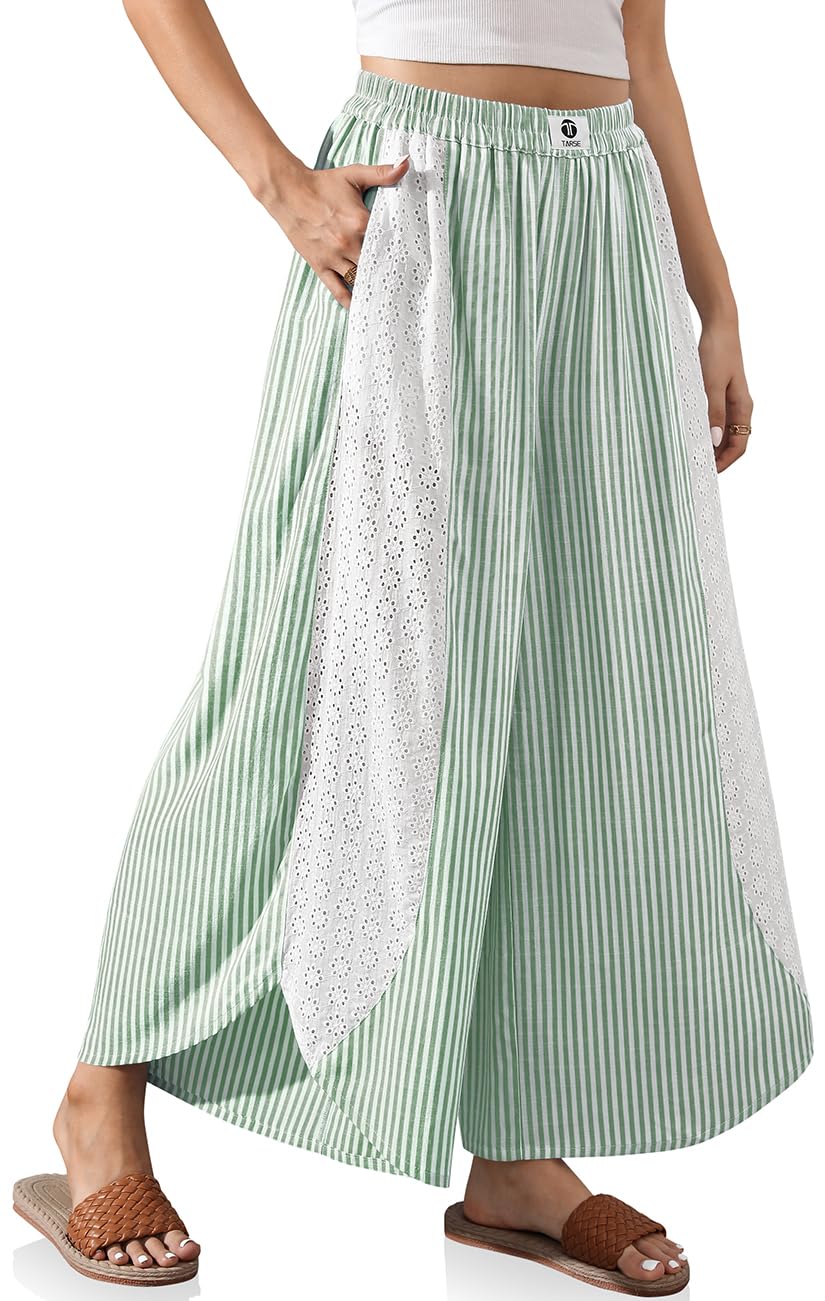 TARSE Womens Wide Leg Striped Boho Palazzo Pants with Lace Panel Summer Loose Elastic Waist Beach Vacation Lounge