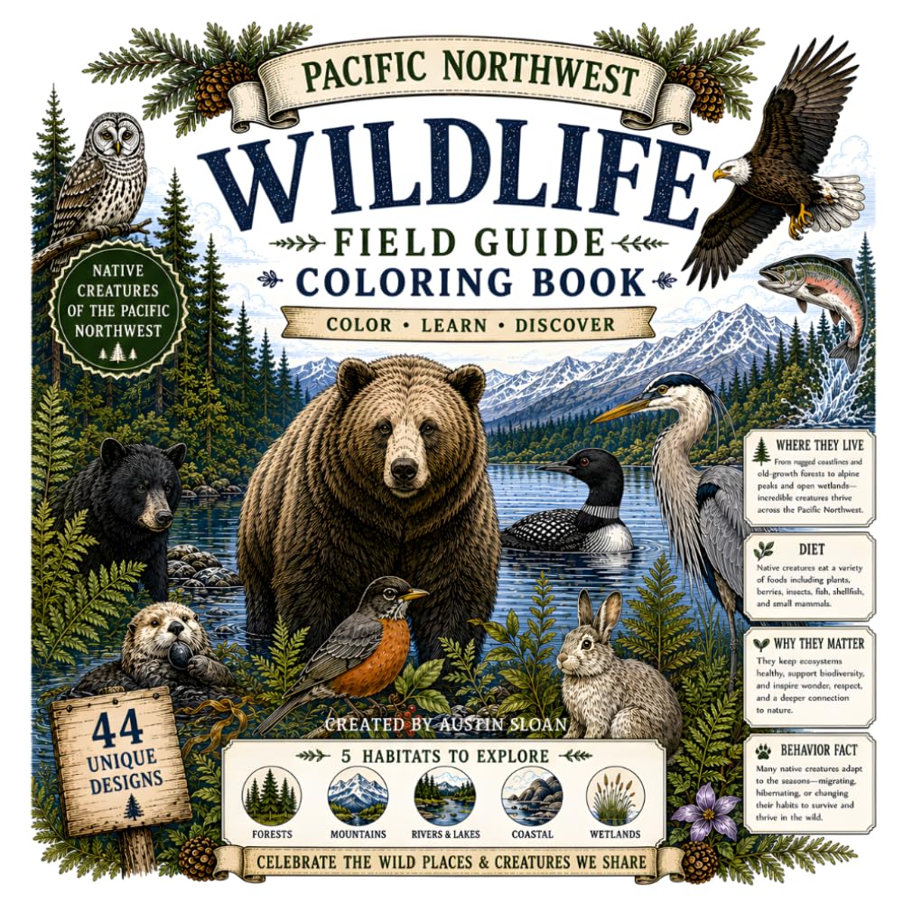 Pacific Northwest Wildlife Field Guide Coloring Book: Color, Learn, and Discover the Wild Places and Creatures of the Pacific Northwest (Pacific Northwest Coloring Books)