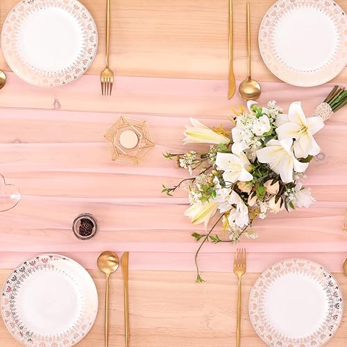 Miniatura 7 de MLMC Paquete de 6 caminos de mesa de gasa brillante rosa rubor de 10 pies a granel de 29 x 121 pulgadas, camino de mesa de gasa transparente para