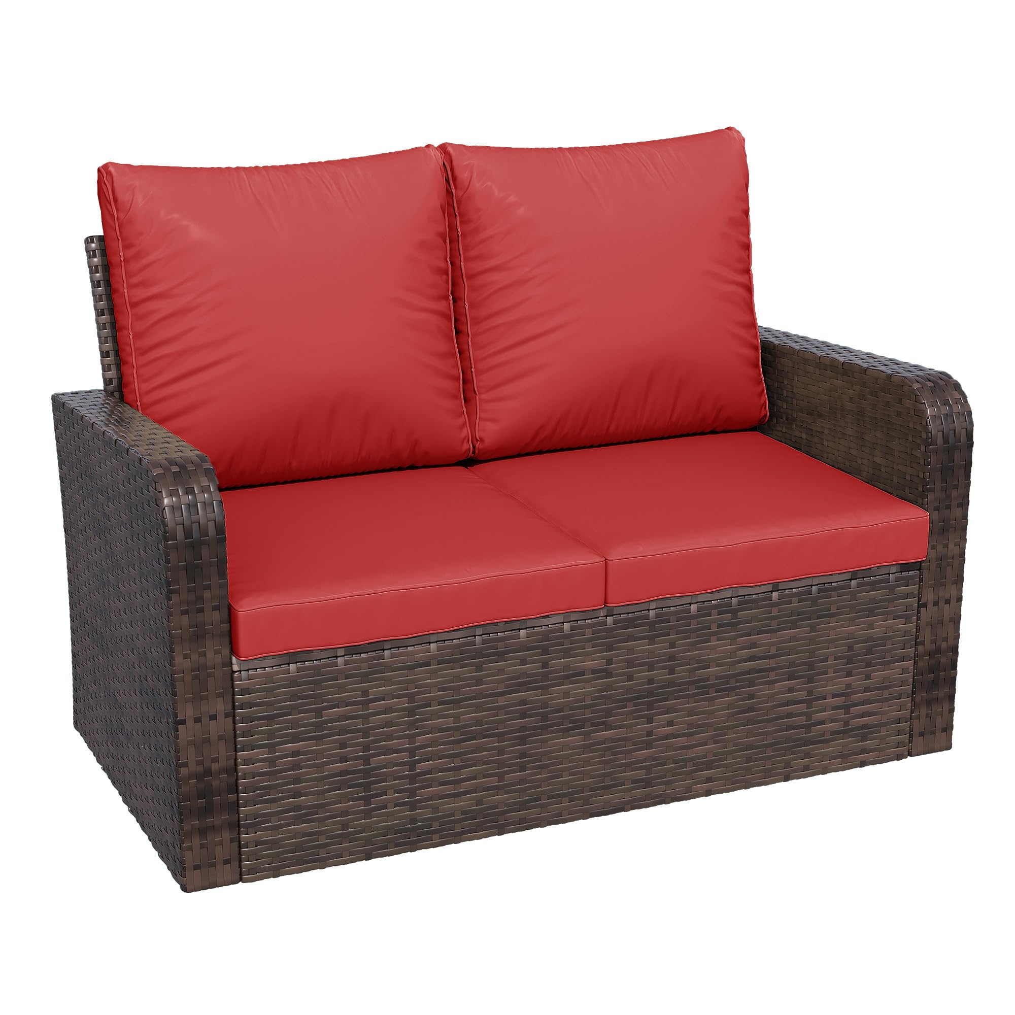 HOMREST Outdoor Patio Couch Sofa, All-Weather PE Wicker Loveseat Couch, Outdoor Seating Patio Furniture Sofa with Cushions, Modern Garden Furniture for Deck, Balcony, Porch(Wine Red)