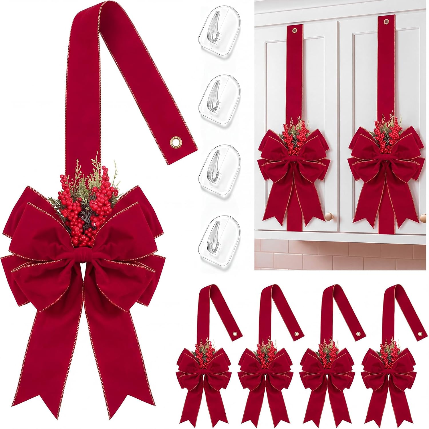 XunYee 4 Pcs Red Christmas Cabinet Velvet Bows for Kitchen Decor