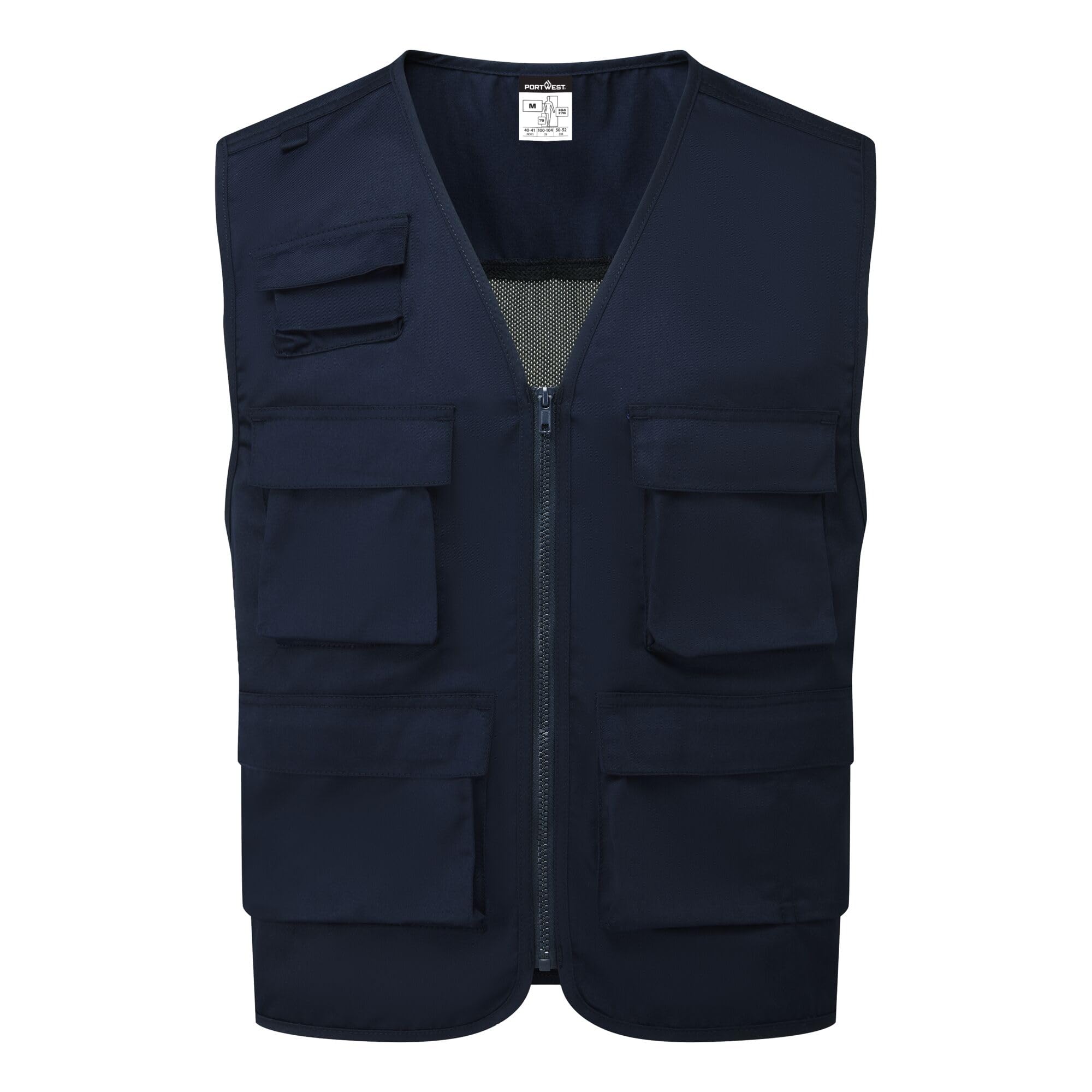 Portwest C704 Work Vest Durable Polycotton Multi Pocket Utility Waistcoat Breathable Mesh Panels Lightweight Cooling Design Tool Storage Radio Loop, Navy, M