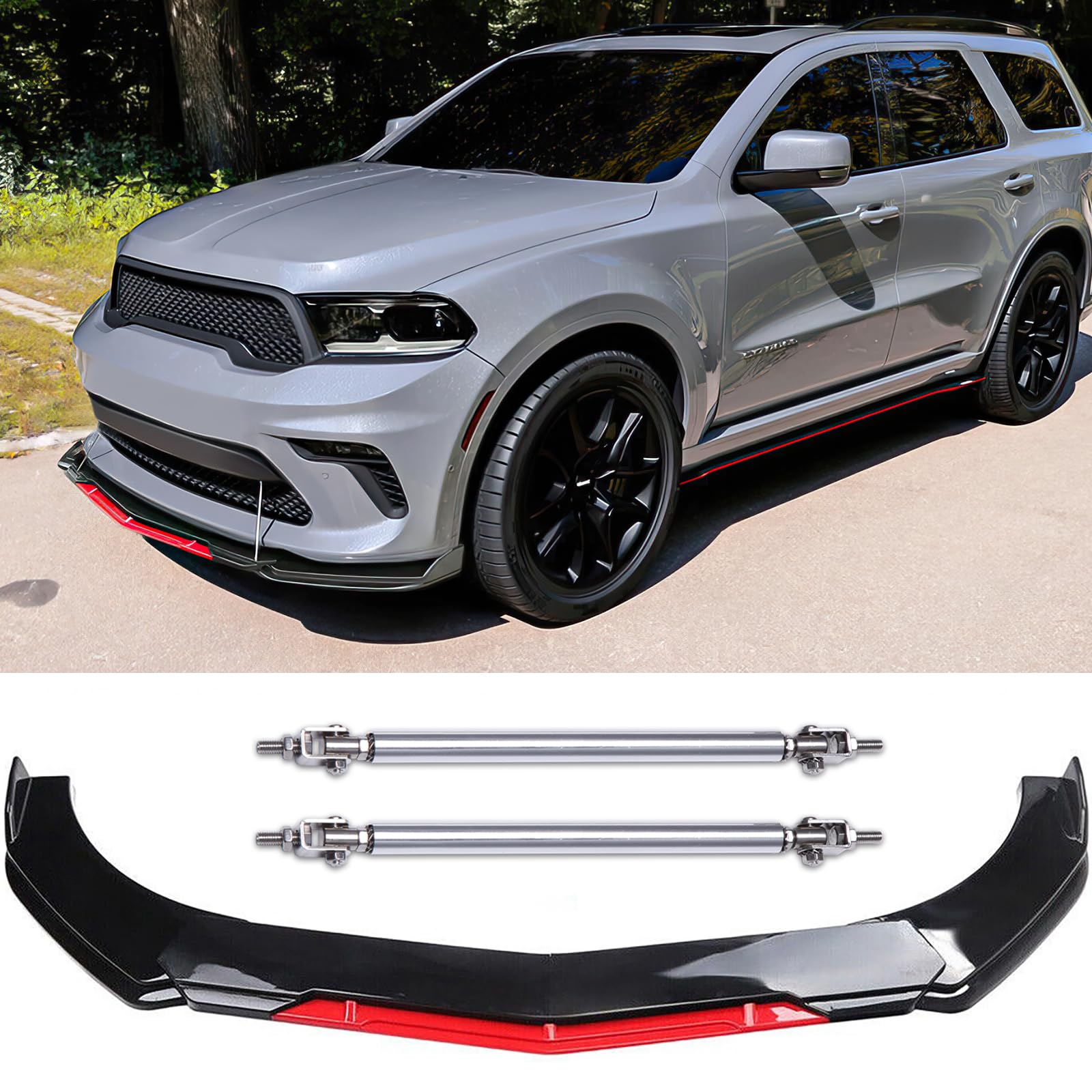 DREAMOTOR Universal Car Front Bumper Lip + 2PCS 8"-11" Adjustable Splitter Rods front lip Spoiler Splitter Body Kit Compatible with Dodge Charger