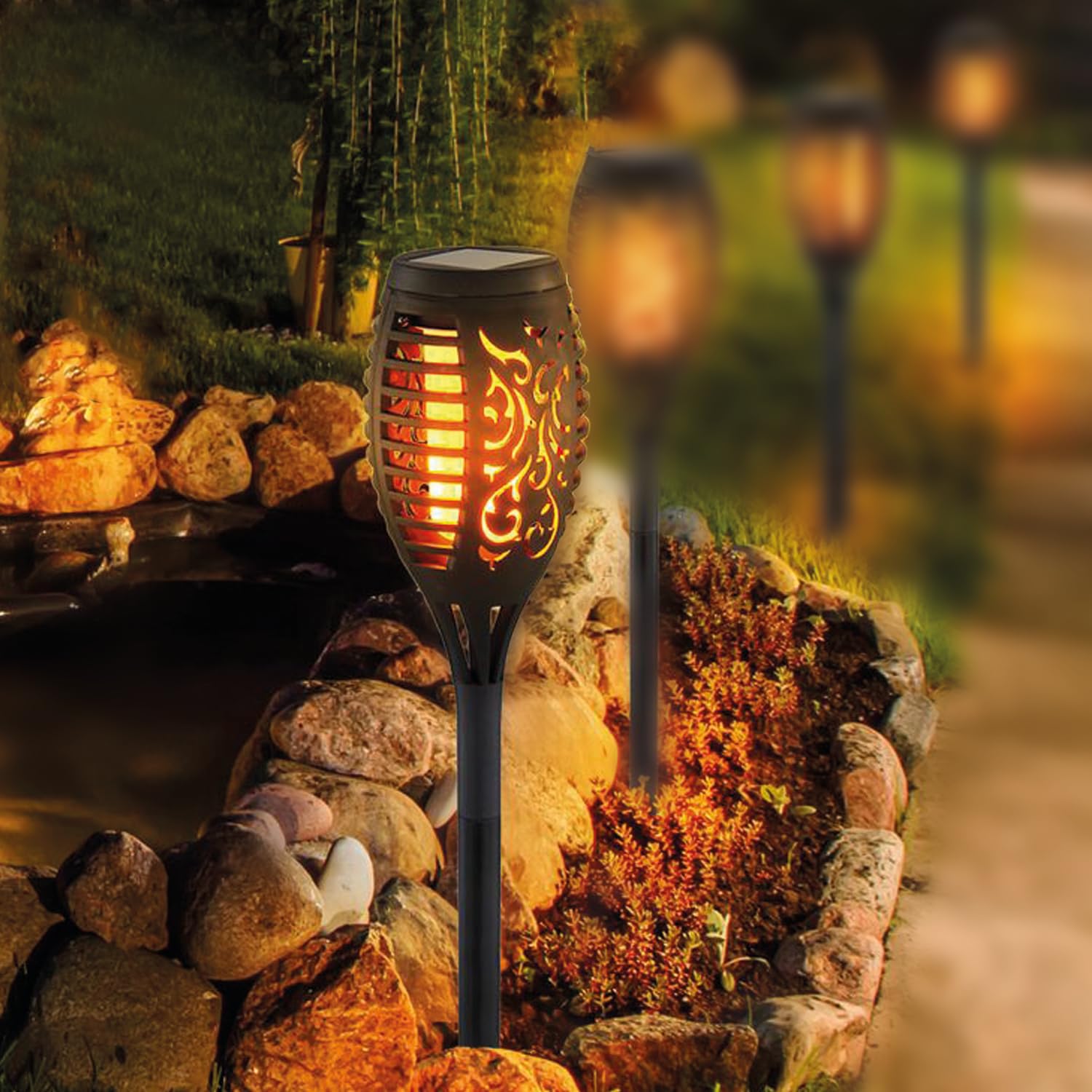 GIGAWATTS 12 LED Solar Lights Outdoor Waterproof Long Lasting Flame Fire Lantern Dawn to Dusk Decoration Lighting with Auto On/Off for Home Garden Balcony (Pack of 1)