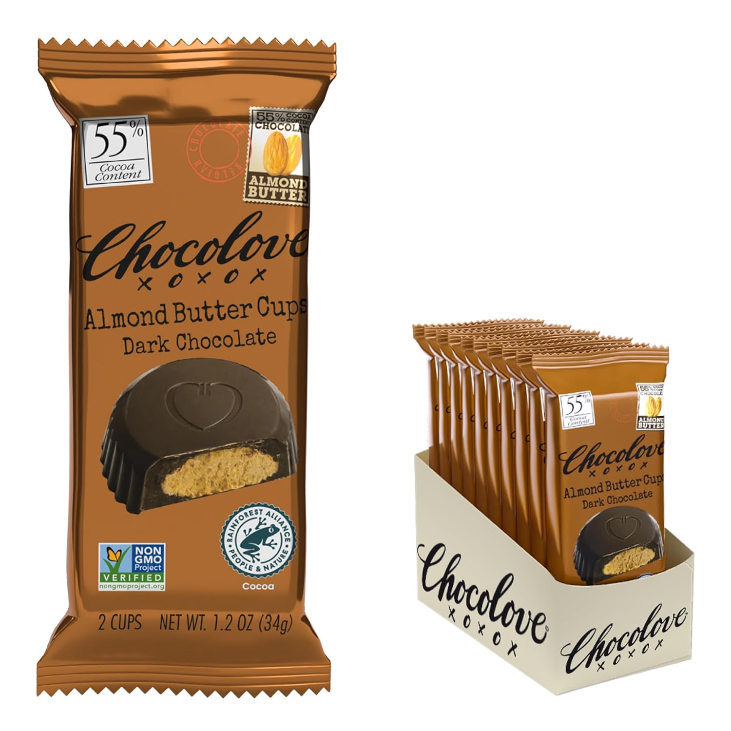 Chocolove Almond Butter Cups in Dark Chocolate | 55% Cocoa | Creamy & Rich | Crafted with Belgian Dark Chocolate | Non-GMO, 1.2 oz per pack (10 2-packs)