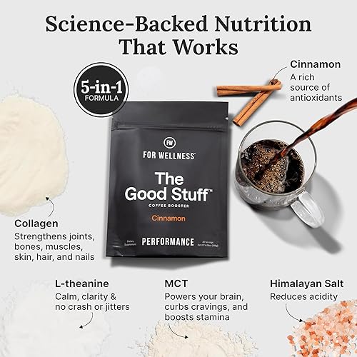 Miniatura 5 de For Wellness The Good Stuff Performance  Crema de café saludable en polvo con colágeno, aceite MCT y L-teanina  Potenciador de café sin lácteos Keto
