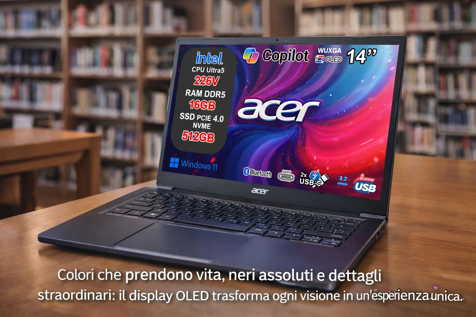Acer Aspire 14 AI Notebook Intel Core Ultra 5 226V, 16GB RAM DDR5, 512GB SSD, 14” OLED WUXGA, Intel Arc, Copilot+ PC, WiFi 6E, BT 5.3, Thunderbolt 4, Tastiera Retroilluminata, Windows 11