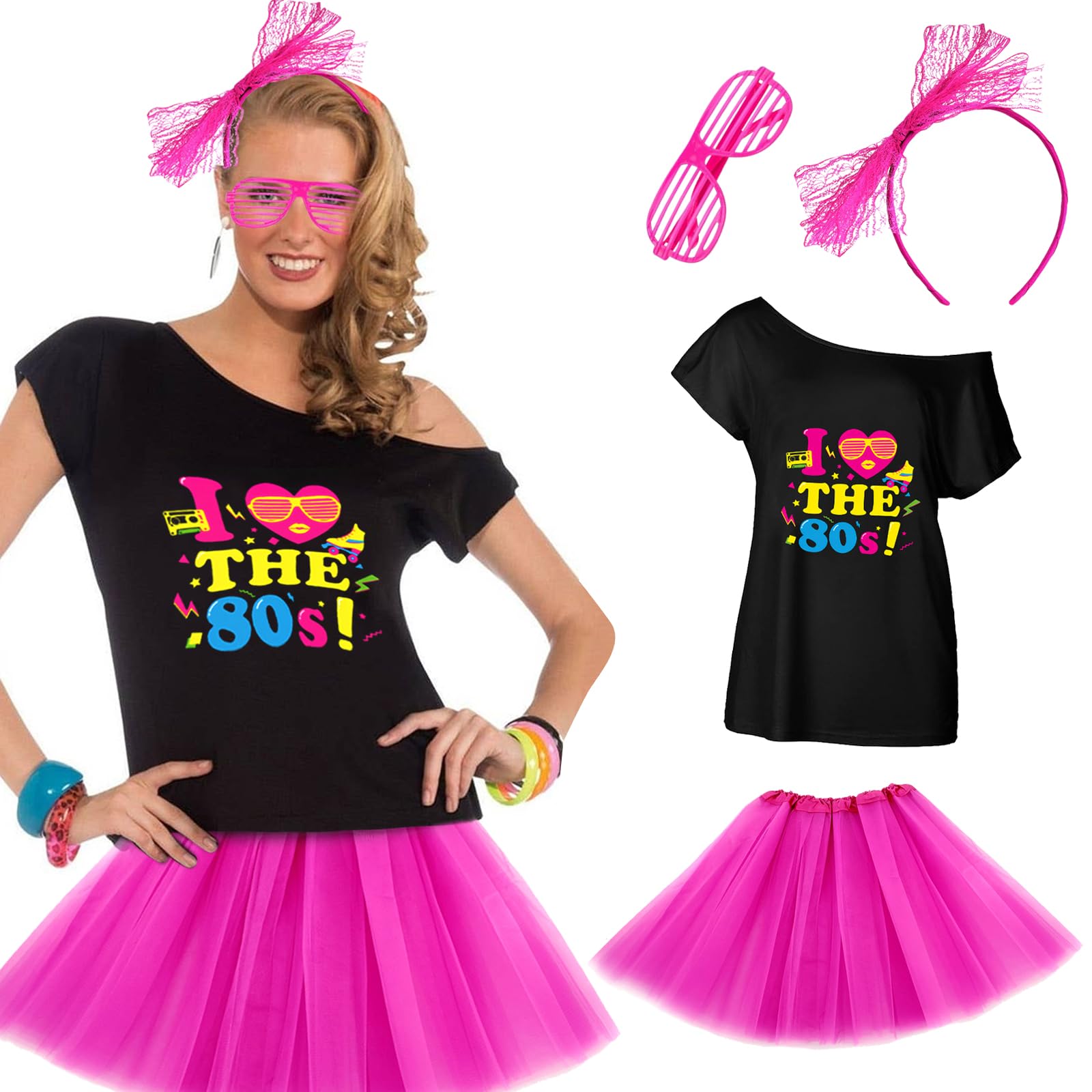 JSTHHTT 80s Accesorios de Traje, Ropa Años 80 Disfraz con Camiseta, Net Hilo Falda, 1Gafas, 1 Diadema, Deguisement Année 80 Disco pour Soirées à Thème et Spectacles Sur Scène Carnavals