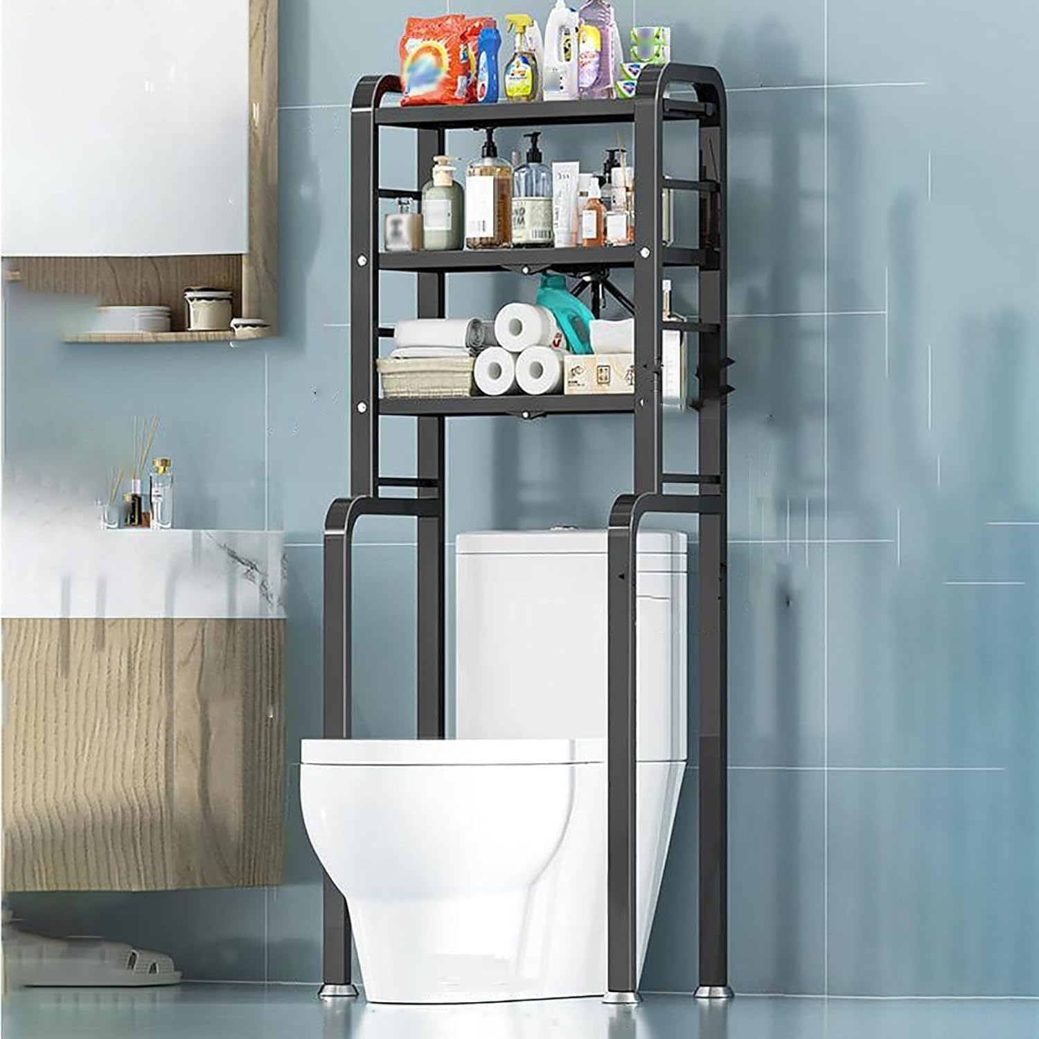 Over-Toilet Storage Cabinet, Adjustable Feet, Carbon Steel Shelf, Stable Bathroom Organizer for All Rooms, Black Toilet Shelf Solution, Space-Saving Design